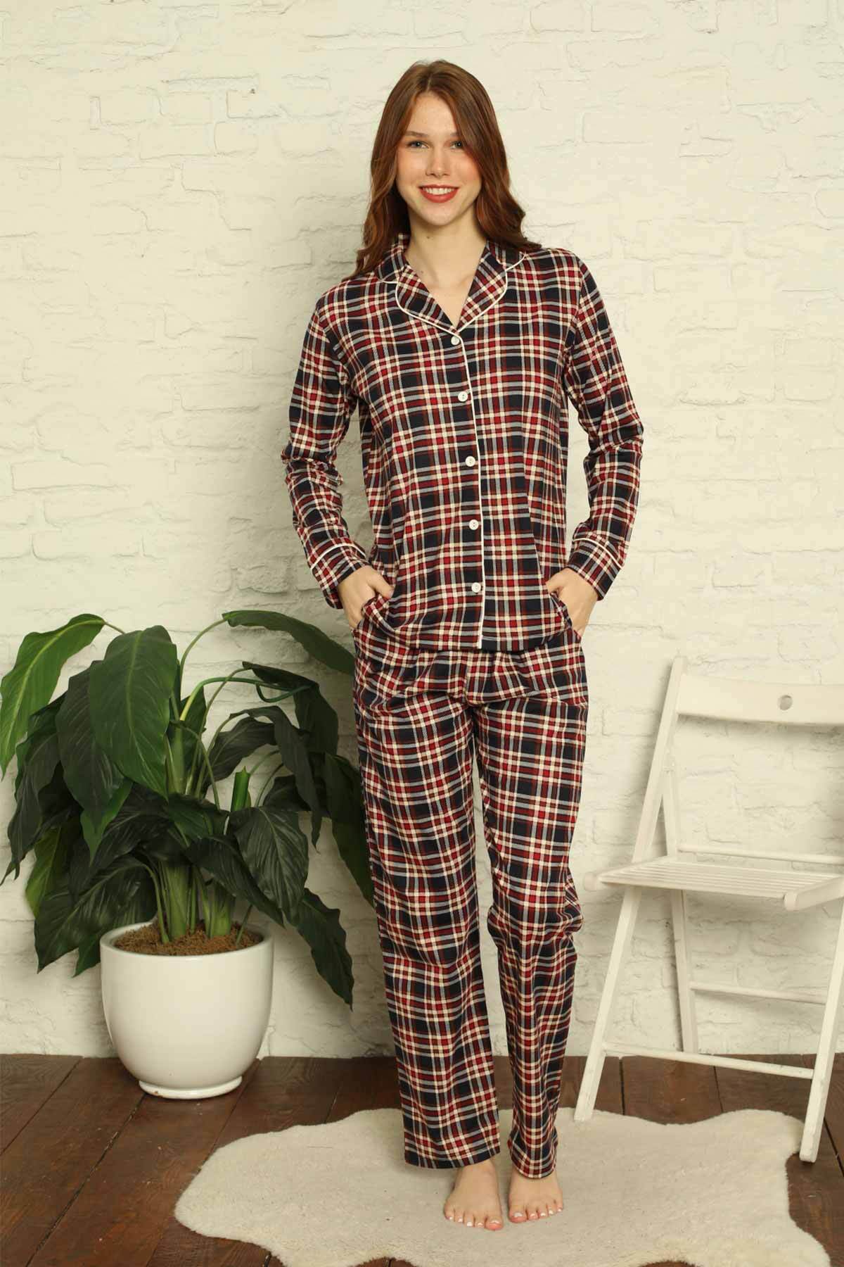 Bayan Pijama Takım - Kareli Önden Düğmeli  Penye Uzun Kollu 2699UY