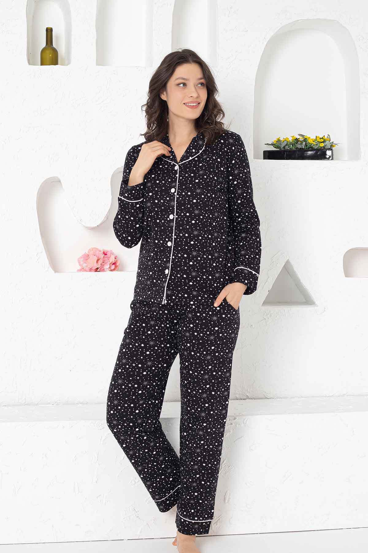 Kadın Pijama Takımı - Lacivert Önden Düğmeli Uzun Kollu Penye 2769UY
