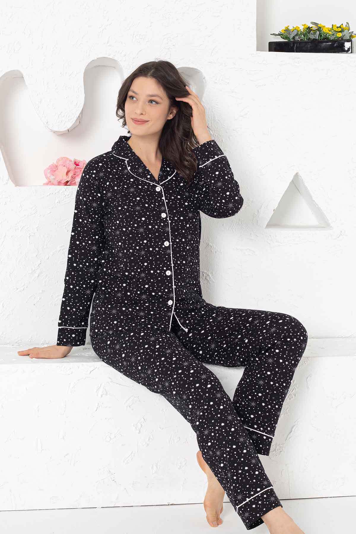 Kadın Pijama Takımı - Lacivert Önden Düğmeli Uzun Kollu Penye 2769UY
