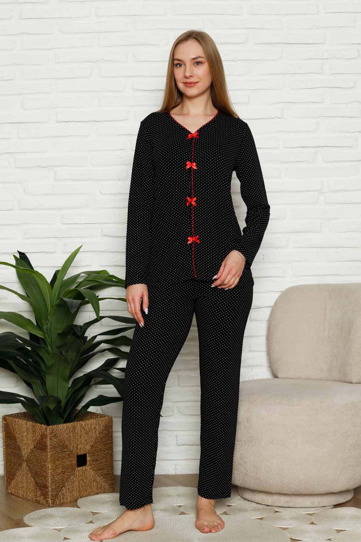 Kadın Pijama Takımı - Siyah Puantiyeli Önden Düğmeli Uzun Kollu Likralı 2828UY