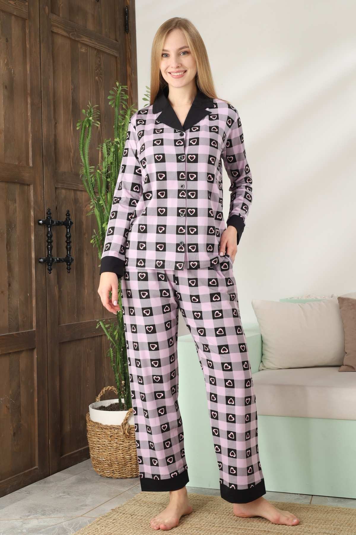 Kadın Pijama Takımı - Kareli Önden Düğmeli Uzun Kollu Likralı 2896UKL