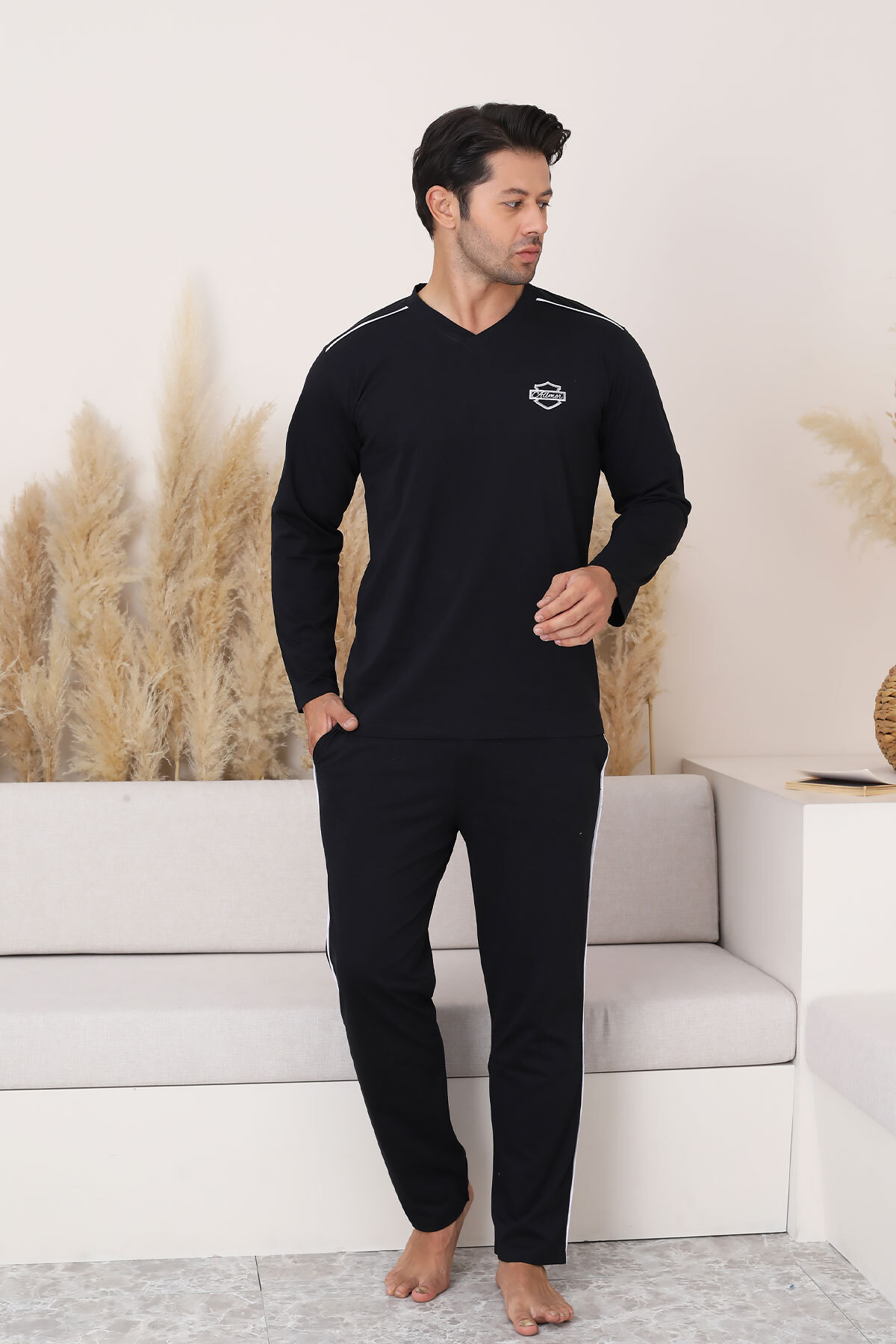 Erkek Pijama Takımı - Siyah Arma Nakışlı Biyeli Uzun Kollu Penye 1216UY