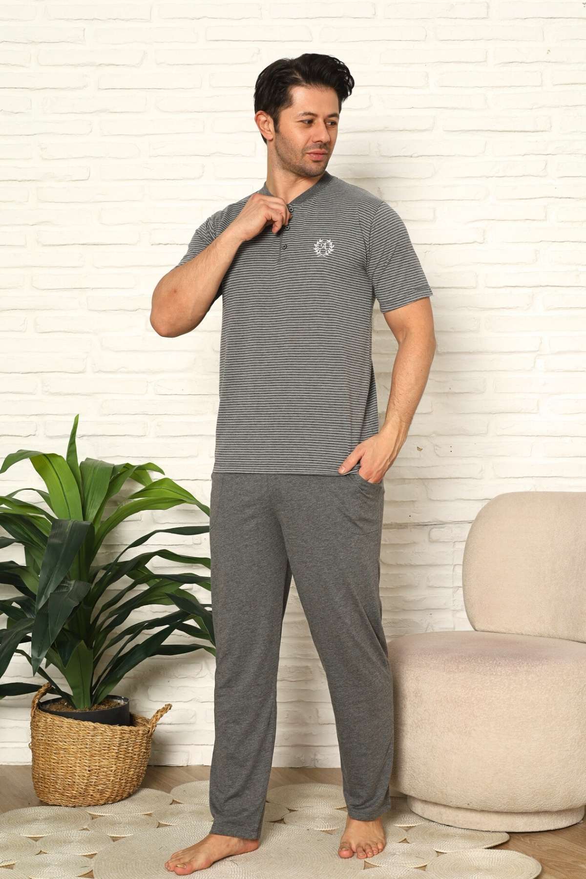 Erkek Pijama Takımı - Antrasit Çizgili Kısa Kollu Penye 1219KY