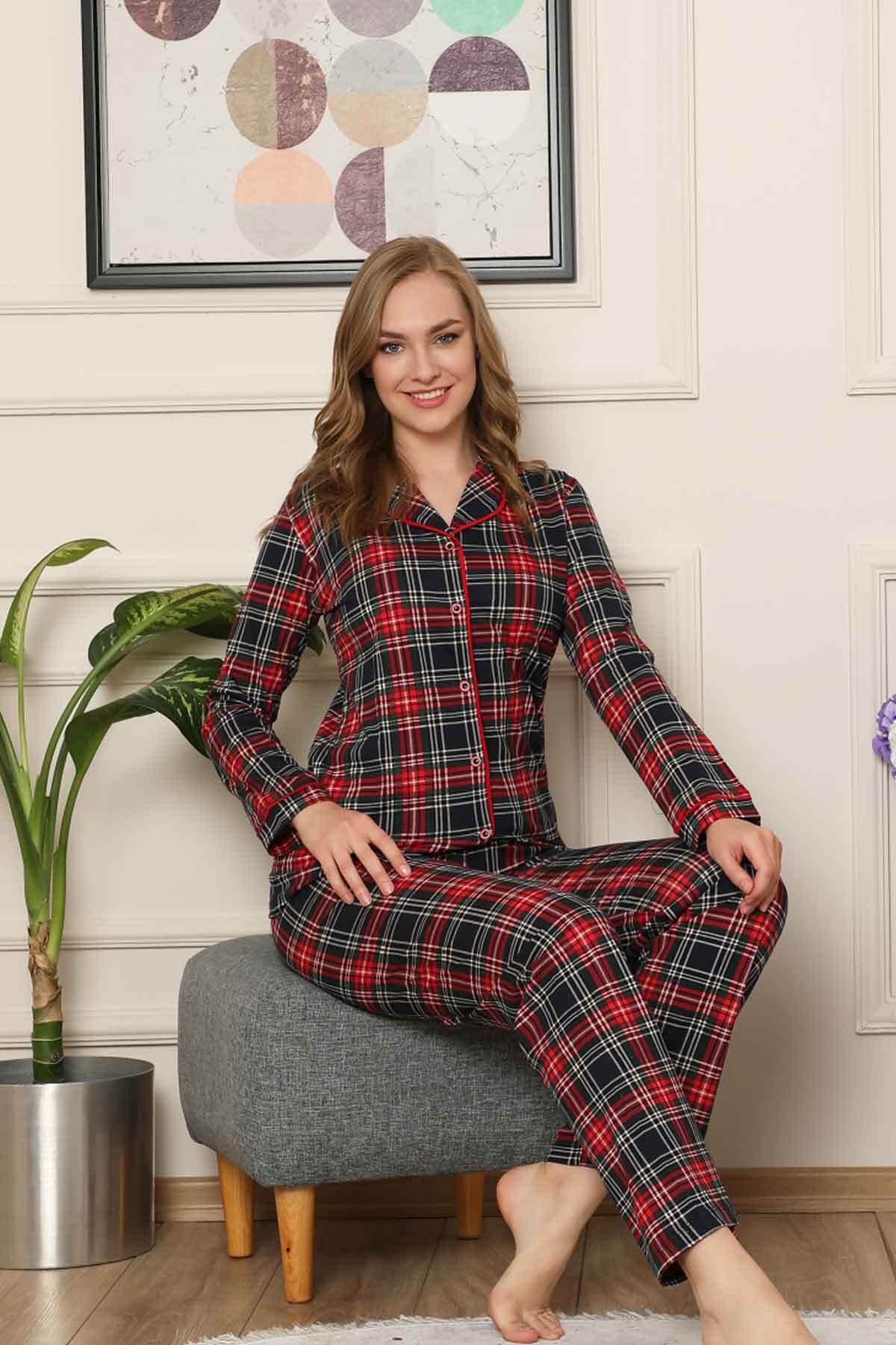 Bayan Pijama Takım - Ekoseli Önden Düğmeli  Penye Uzun Kollu 2523UY
