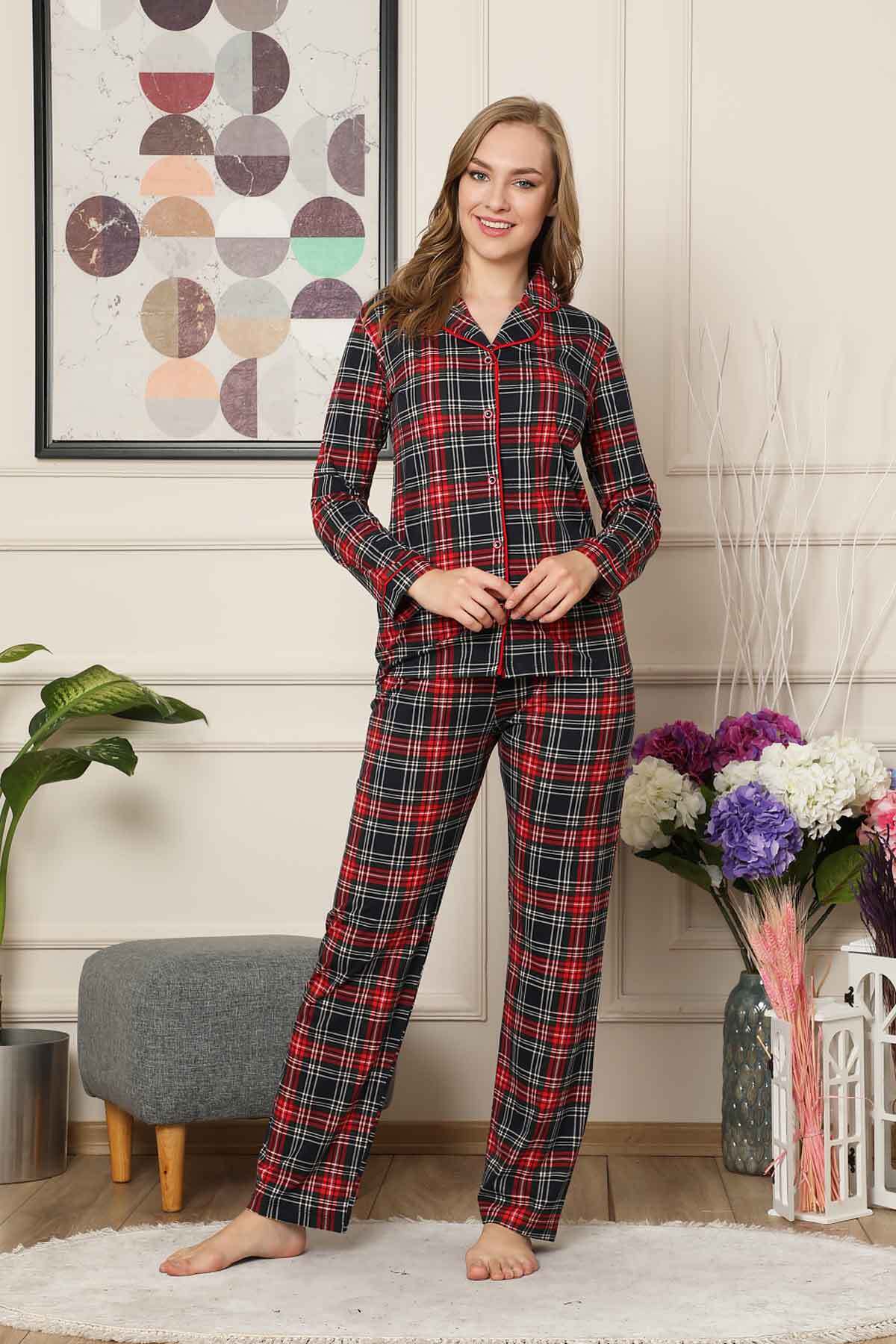 Bayan Pijama Takım - Ekoseli Önden Düğmeli  Penye Uzun Kollu 2523UY