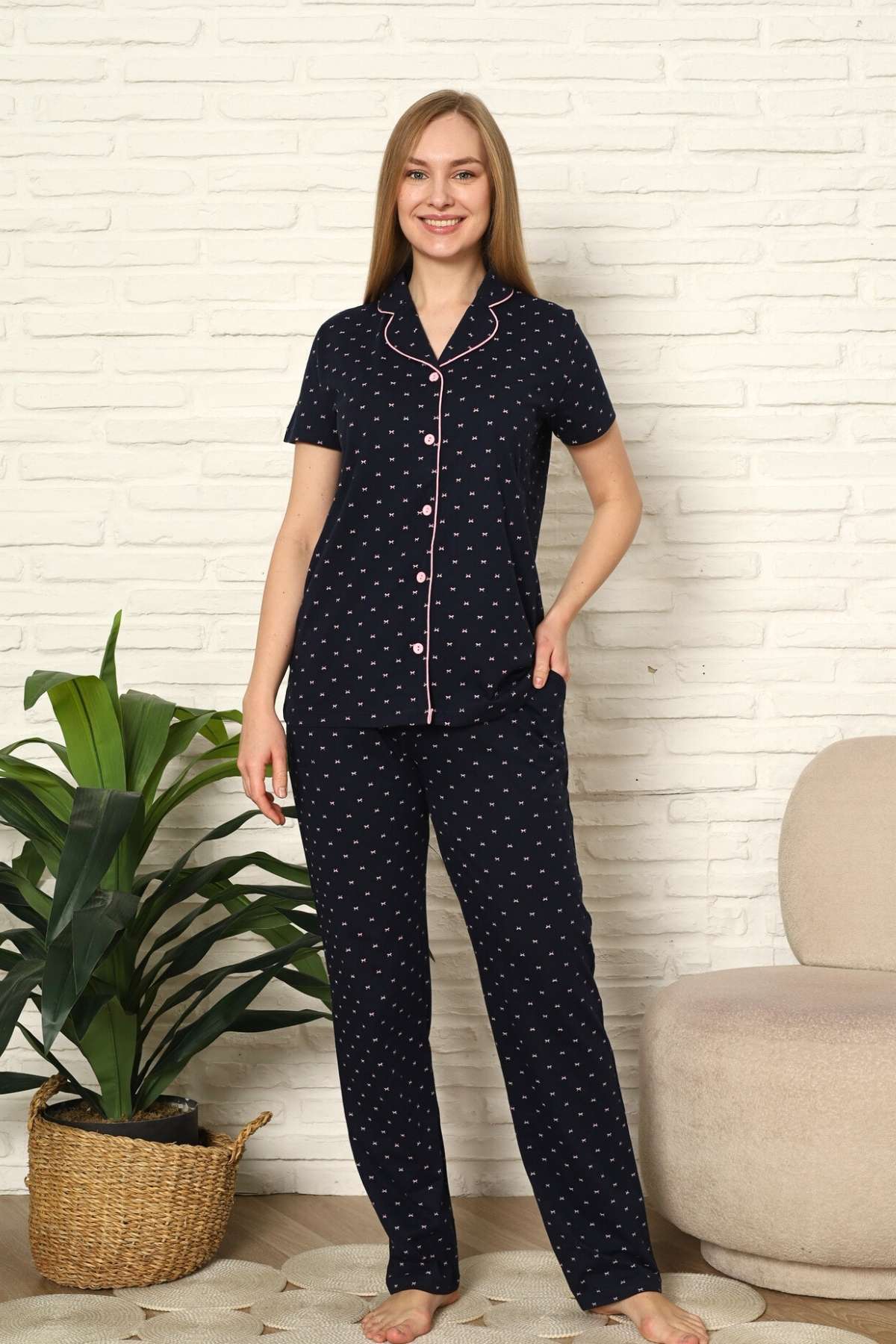 Bayan Pijama Takım - Fiyonk baskılı Önden Düğmeli  Penye 2802KY