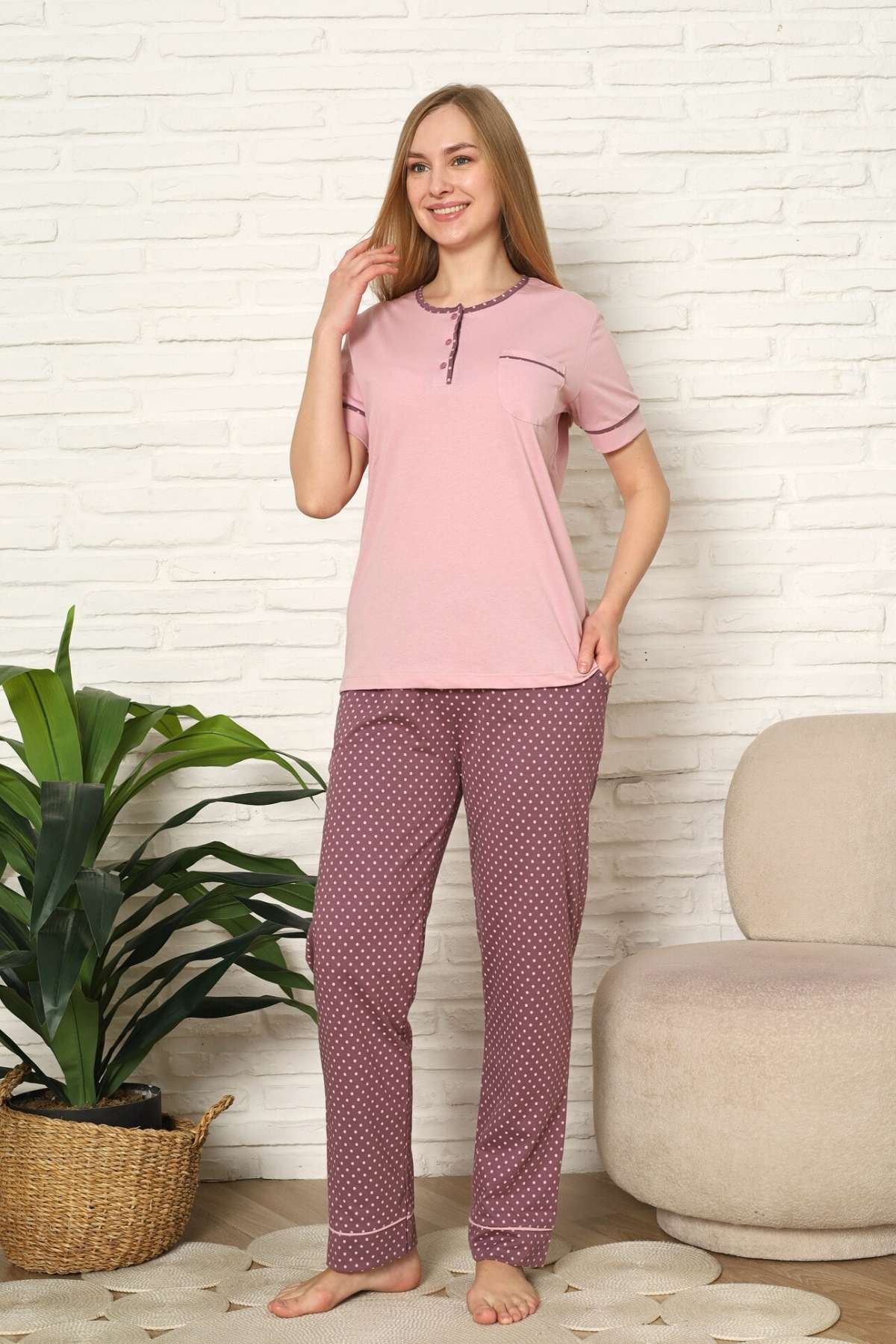Kadın Pijama Takımı - Gül kurusu Puantiyeli Kısa Kollu Pamuk 2672KY