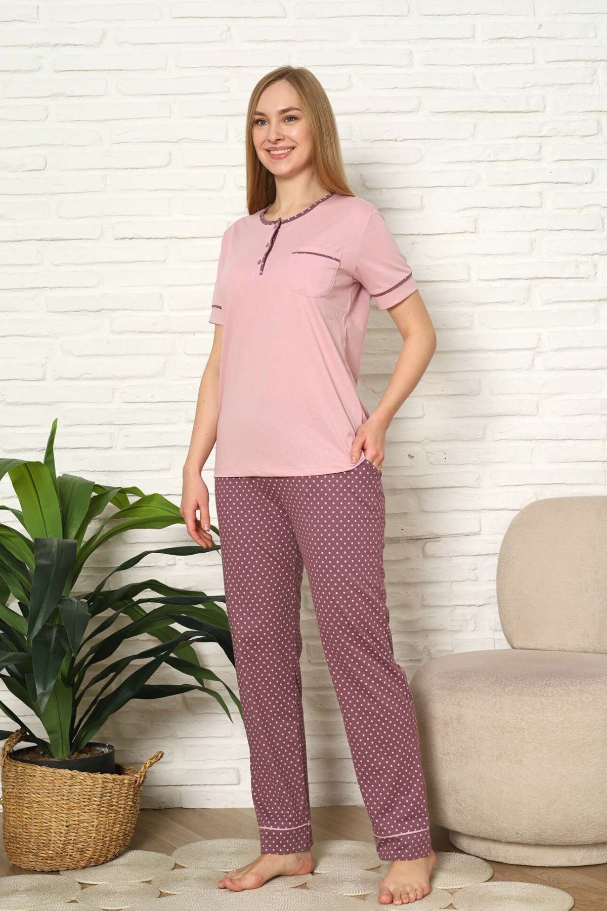 Kadın Pijama Takımı - Gül kurusu Puantiyeli Kısa Kollu Pamuk 2672KY