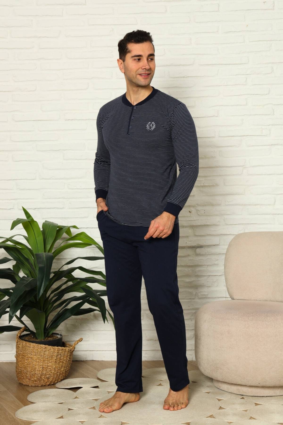 Erkek Pijama Takımı - Lacivert Çizgili Uzun Kollu Penye 1219UY
