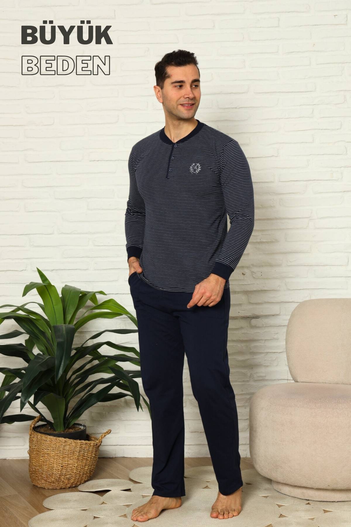 Büyük Beden Erkek Pijama Takımı - Lacivert Çizgili Uzun Kollu Penye 1219UYB