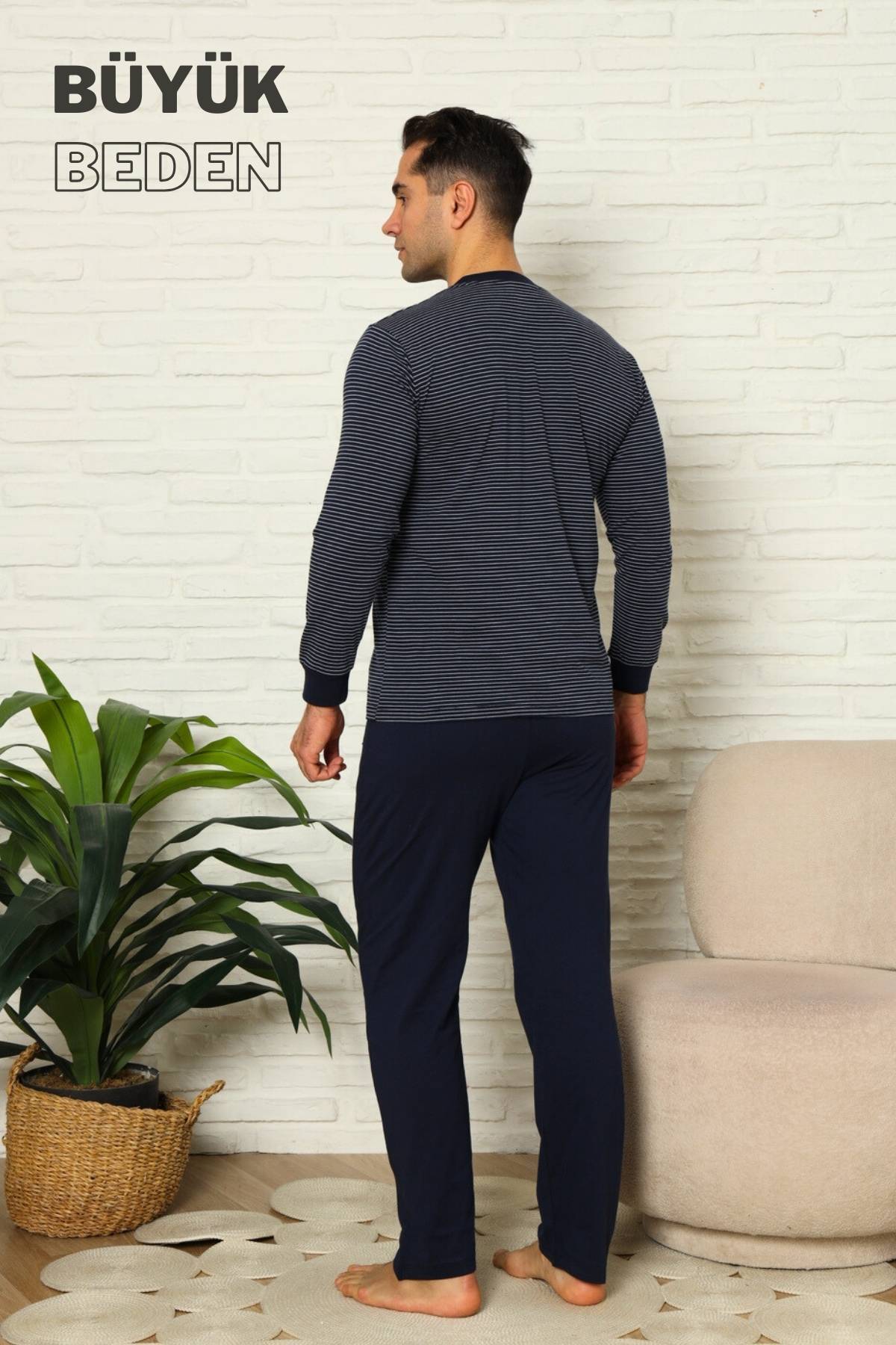 Büyük Beden Erkek Pijama Takımı - Lacivert Çizgili Uzun Kollu Penye 1219UYB