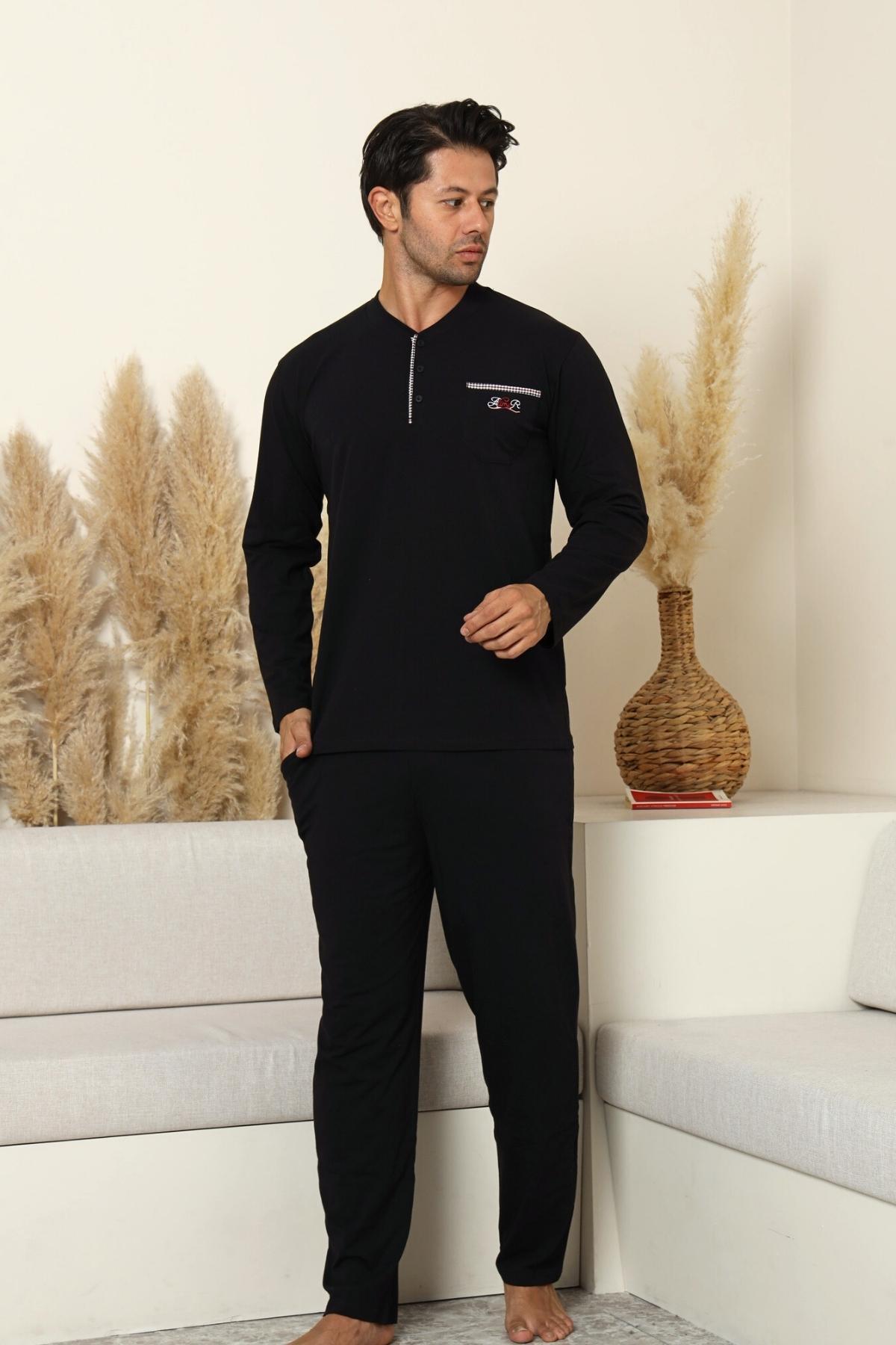 Erkek Pijama Takımı - Siyah Arma Nakışlı Likralı Uzun Kollu Penye 1194UY