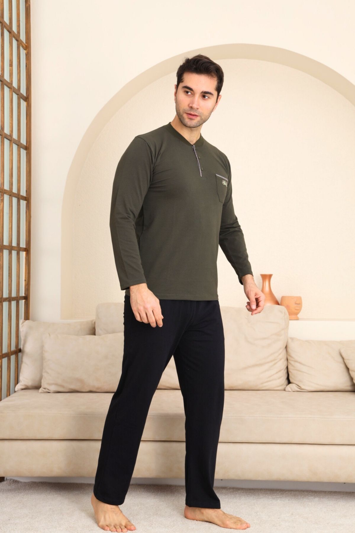 Erkek Pijama Takımı - Yeşil Arma Nakışlı Likralı Uzun Kollu Penye 1194UY