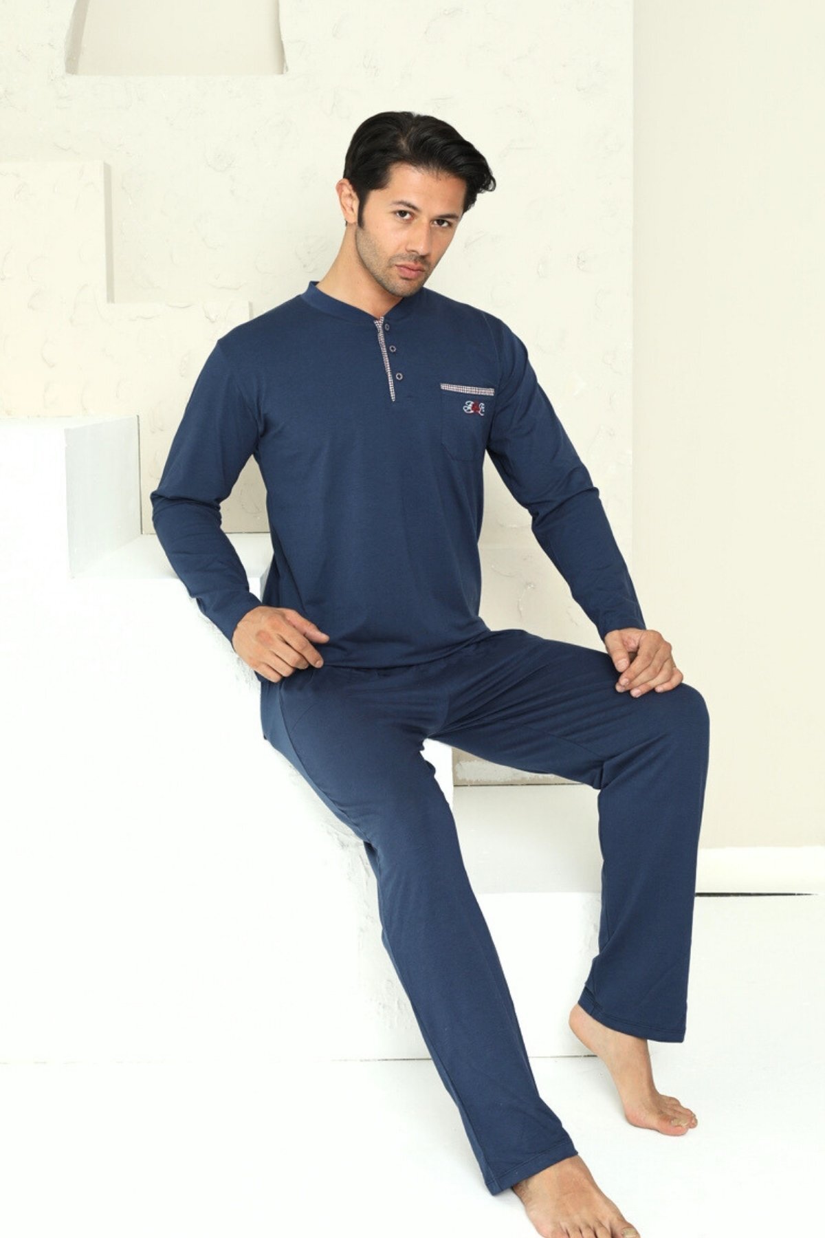 Erkek Pijama Takımı - İndigo Arma Nakışlı Likralı Uzun Kollu Penye 1194UY