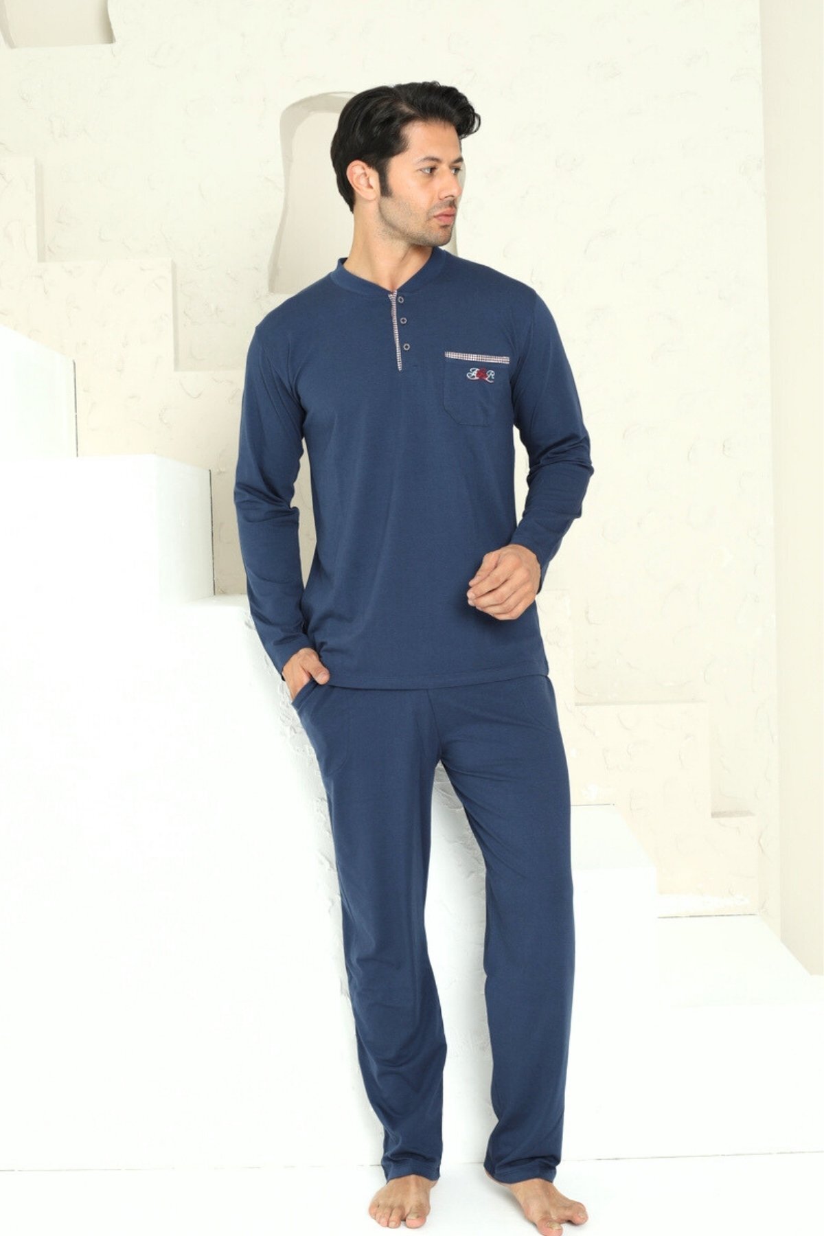 Erkek Pijama Takımı - İndigo Arma Nakışlı Likralı Uzun Kollu Penye 1194UY