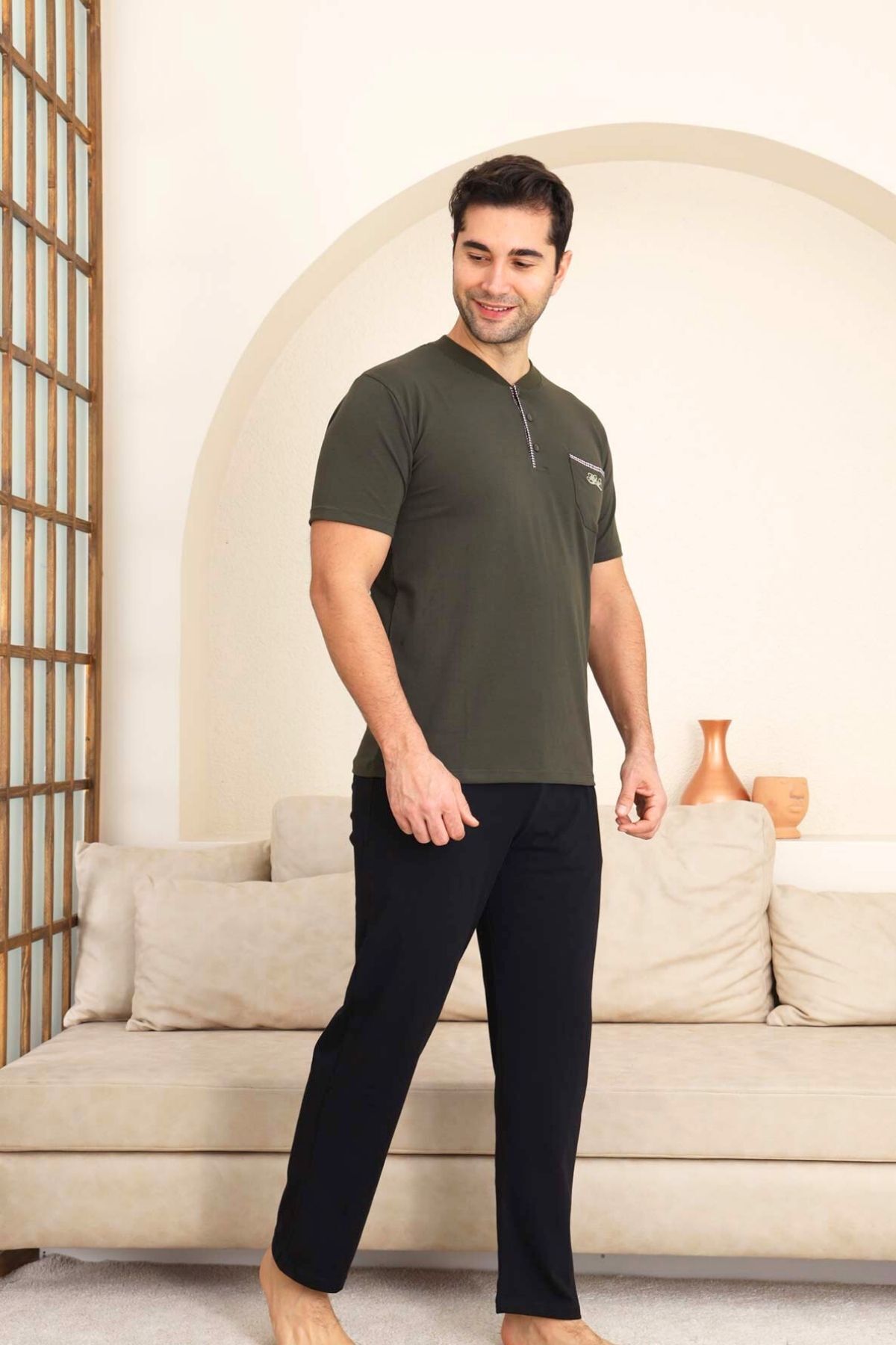 Erkek Pijama Takımı - Yeşil Arma Nakışlı Likralı Kısa Kollu Penye 1194KY