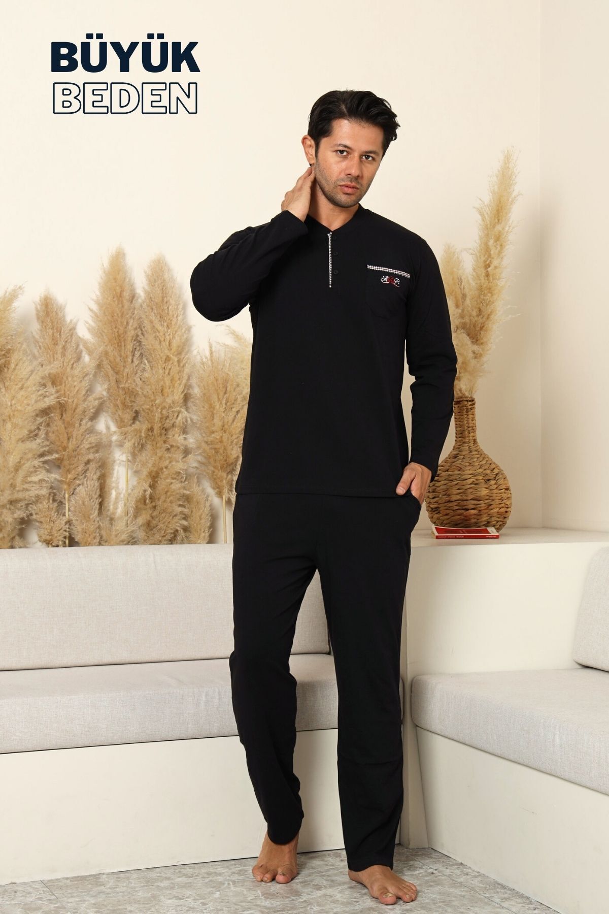 Büyük Beden Erkek Pijama Takımı - Siyah Arma Nakışlı Likralı Penye 1194UYB