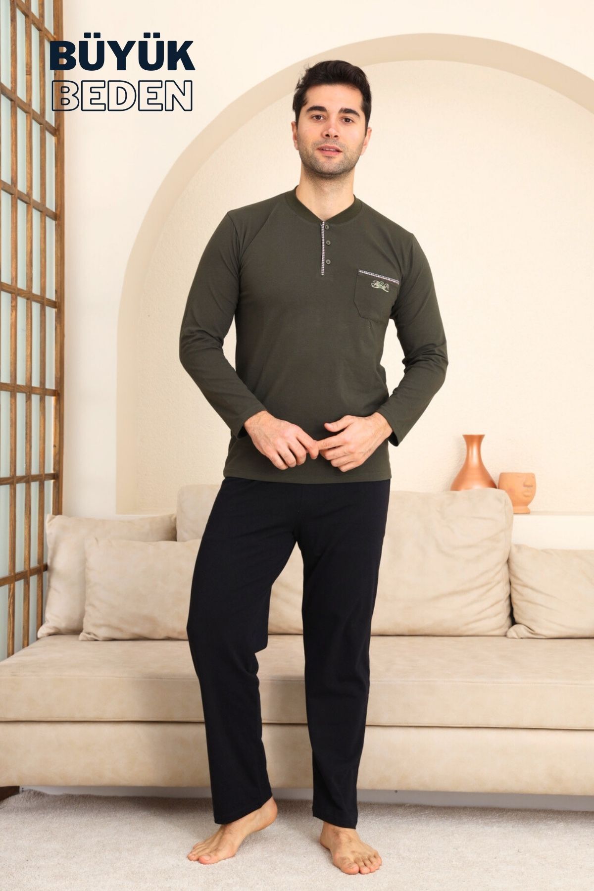 Büyük Beden Erkek Pijama Takımı - Yeşil Arma Nakışlı Likralı Penye 1194UYB