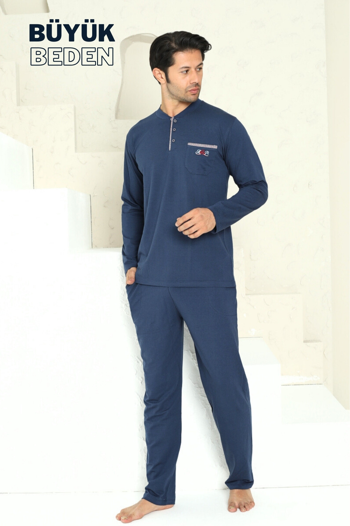 Büyük Beden Erkek Pijama Takımı - İndigo Arma Nakışlı Likralı Penye 1194UYB