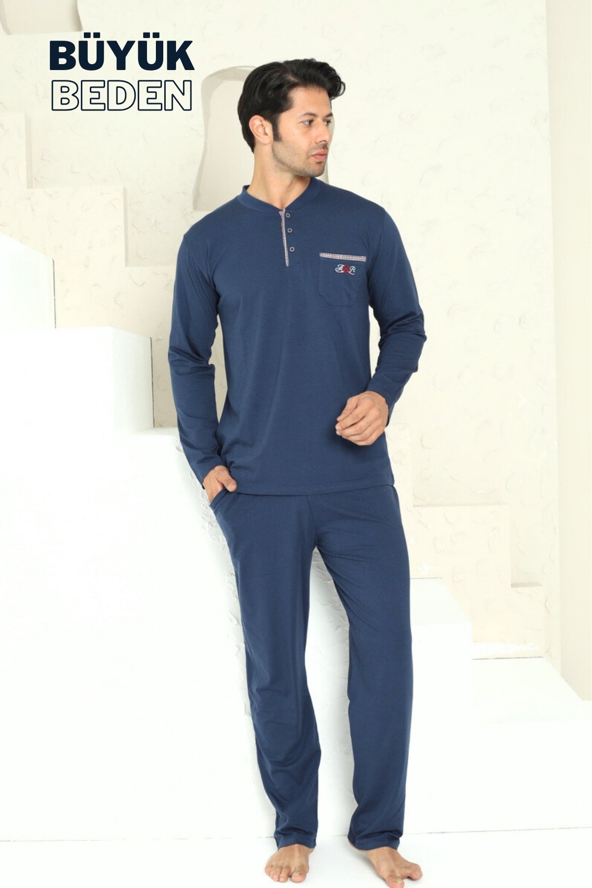 Büyük Beden Erkek Pijama Takımı - İndigo Arma Nakışlı Likralı Penye 1194UYB