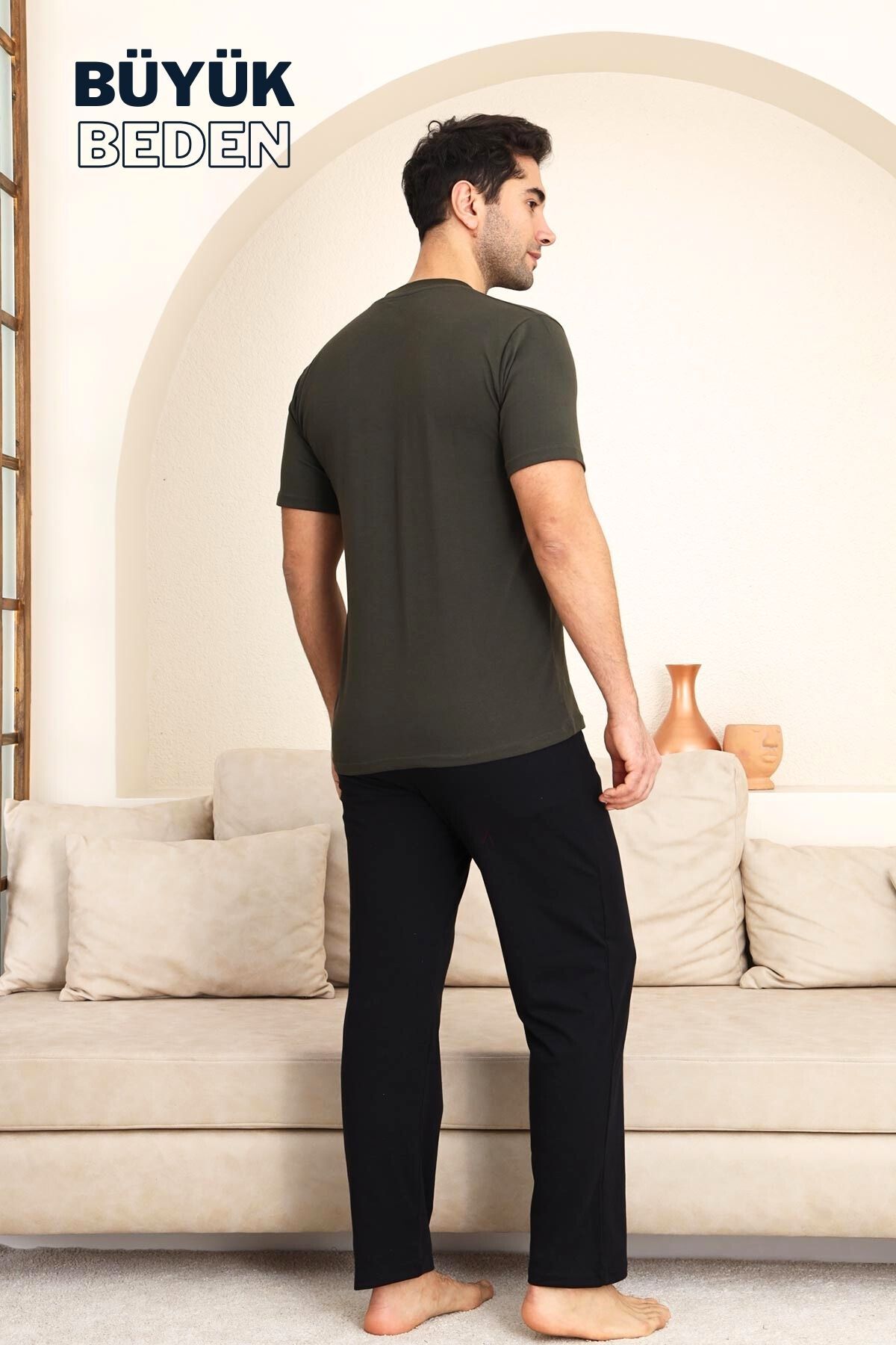 Büyük Beden Erkek Pijama Takımı - Yeşil Arma Nakışlı Likralı Penye 1194KYB