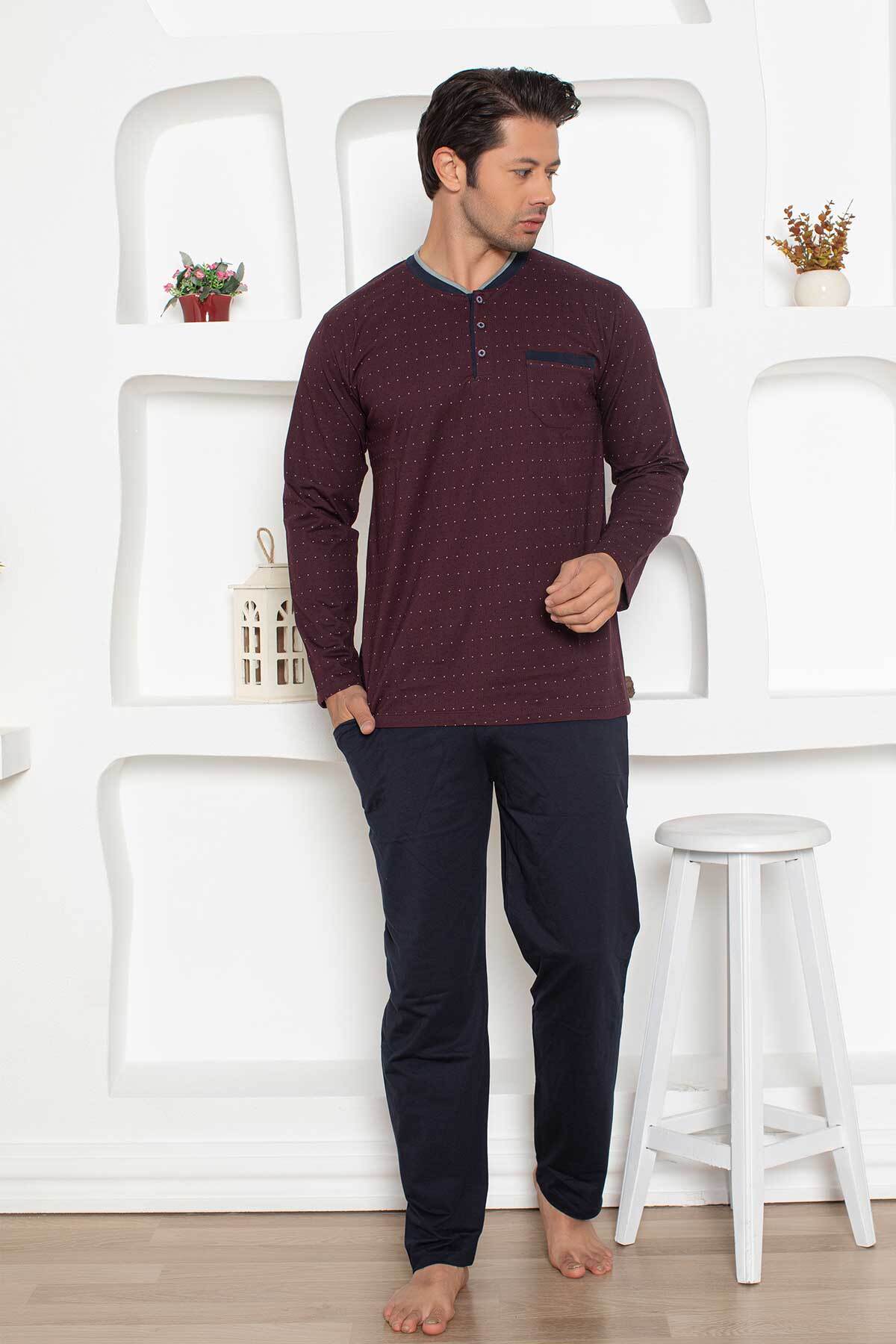 Erkek Pijama Takımı - Bordo Mini Puan Desen Penye Uzun Kollu 1204UY