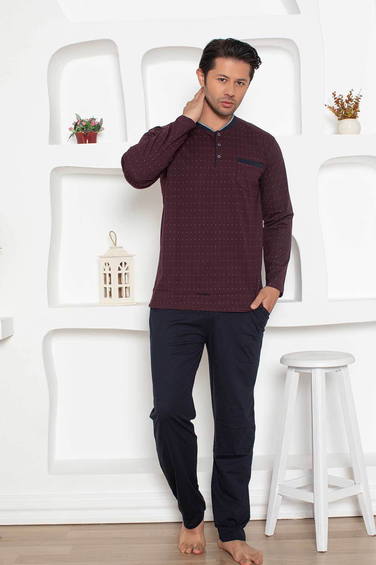 Erkek Pijama Takımı - Bordo Mini Puan Desen Penye Uzun Kollu 1204UY