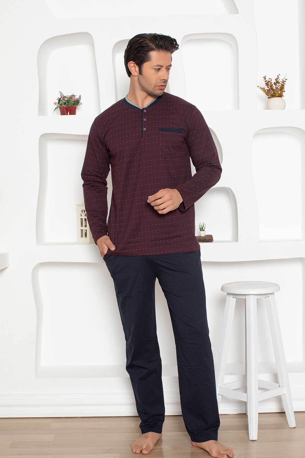 Erkek Pijama Takımı - Bordo Mini Puan Desen Penye Uzun Kollu 1204UY