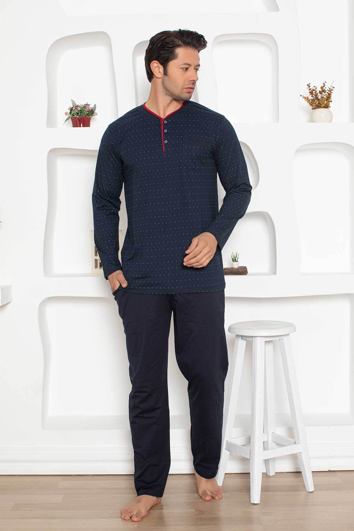 Erkek Pijama Takımı - Lacivert Mini Puan Desen Penye Uzun Kollu 1204UY