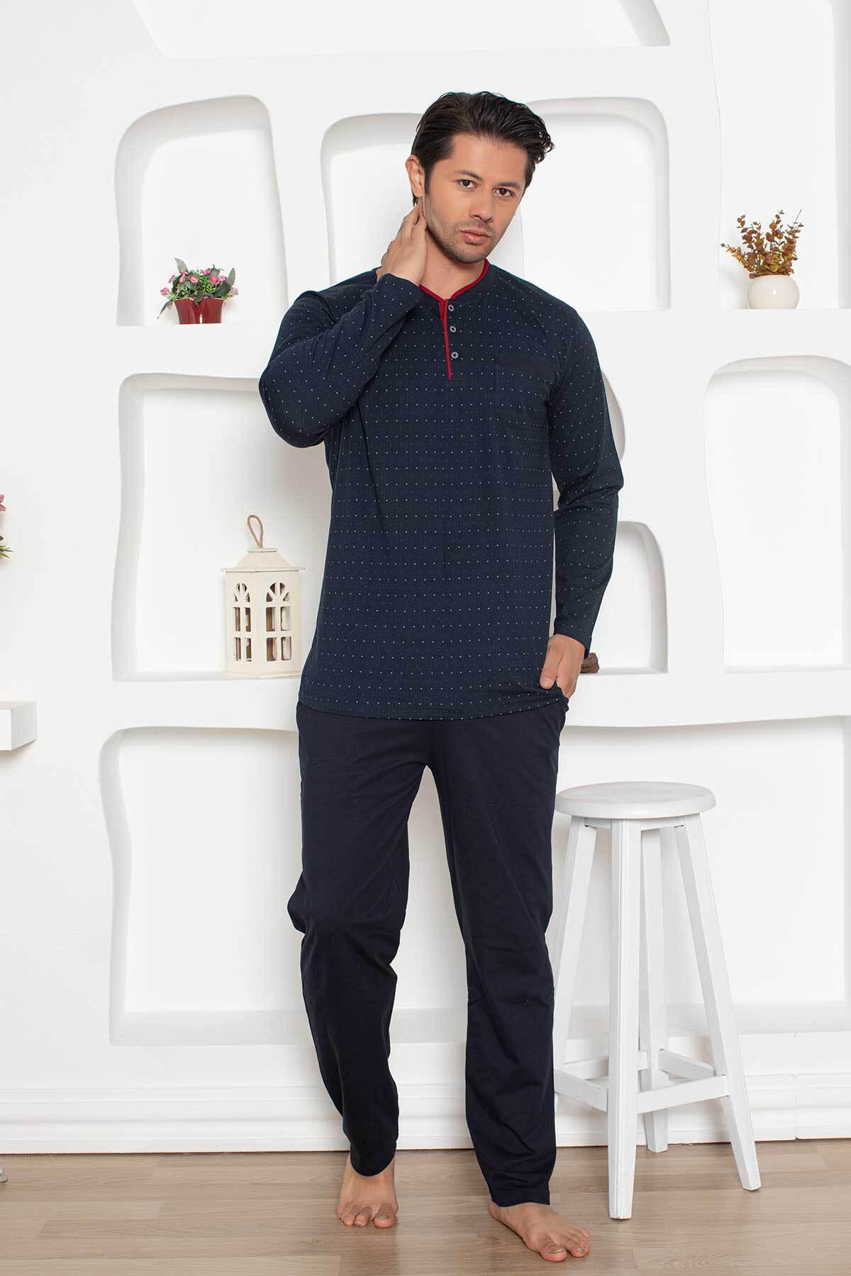 Erkek Pijama Takımı - Lacivert Mini Puan Desen Penye Uzun Kollu 1204UY