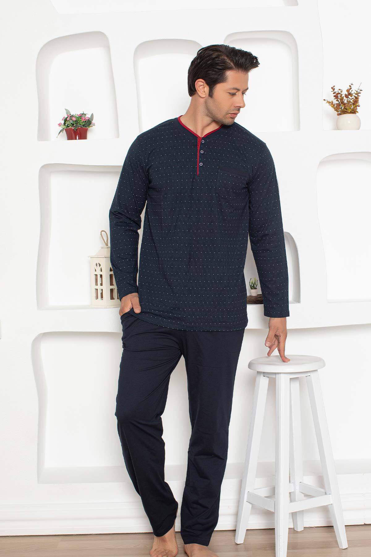 Erkek Pijama Takımı - Lacivert Mini Puan Desen Penye Uzun Kollu 1204UY