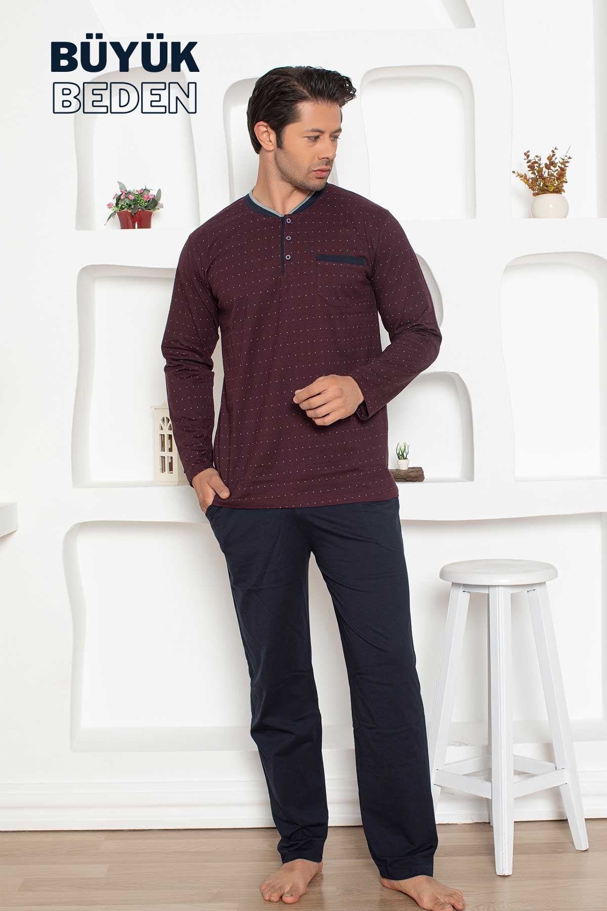 Büyük Beden Erkek Pijama Takımı - Bordo Mini Puan Desen Penye 1204UYB