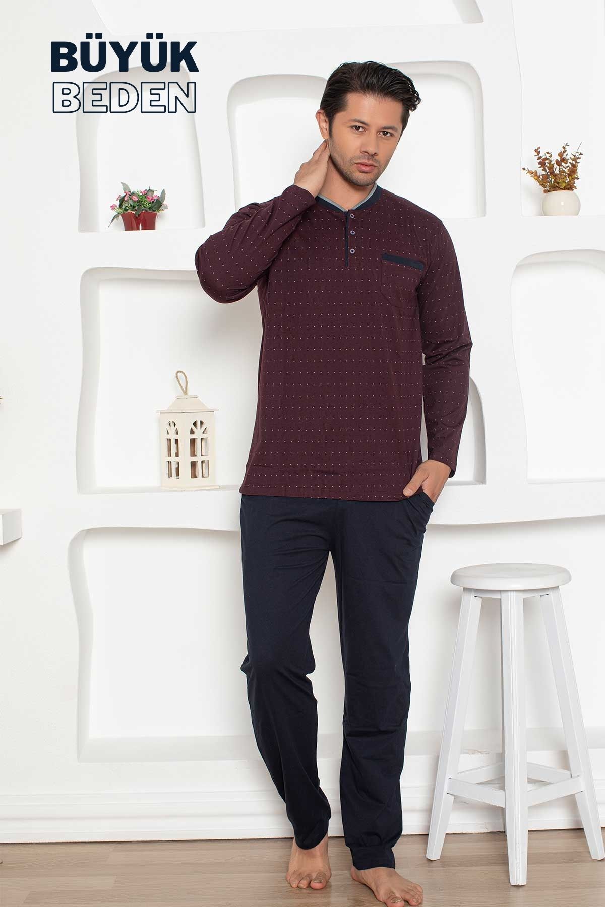Büyük Beden Erkek Pijama Takımı - Bordo Mini Puan Desen Penye 1204UYB