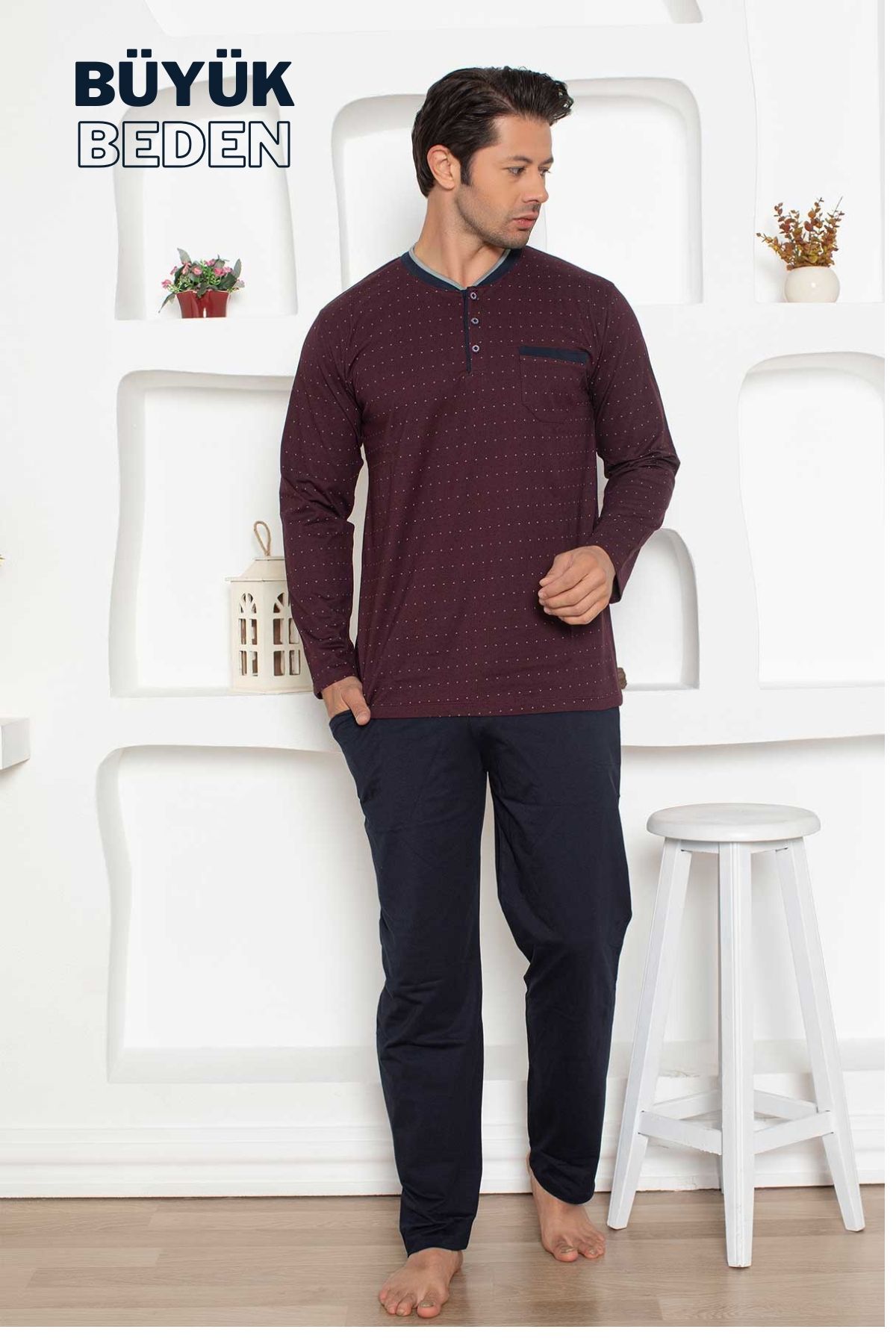 Büyük Beden Erkek Pijama Takımı - Bordo Mini Puan Desen Penye 1204UYB
