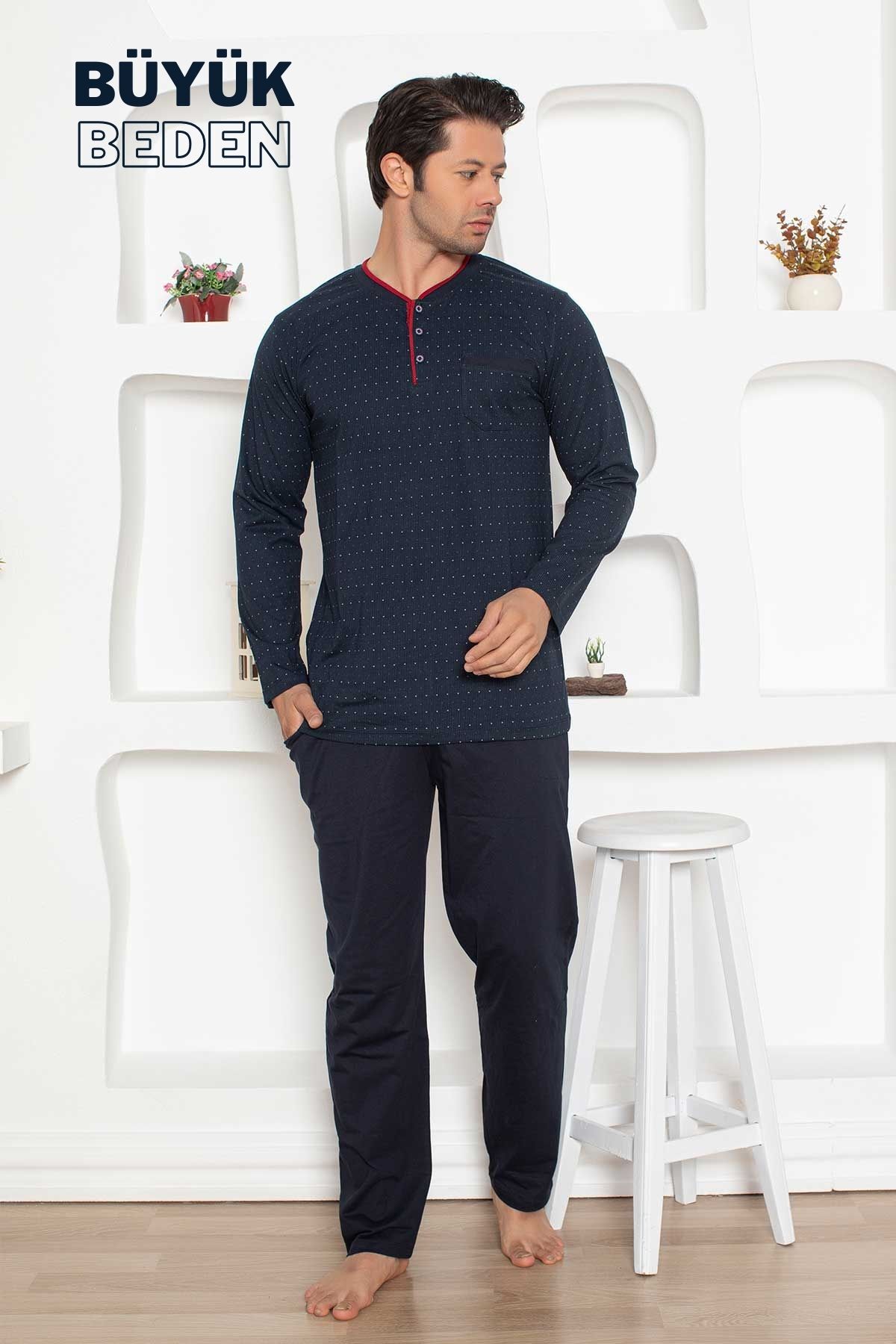 Büyük Beden Erkek Pijama Takımı - Lacivert Mini Puan Desen Penye 1204UYB
