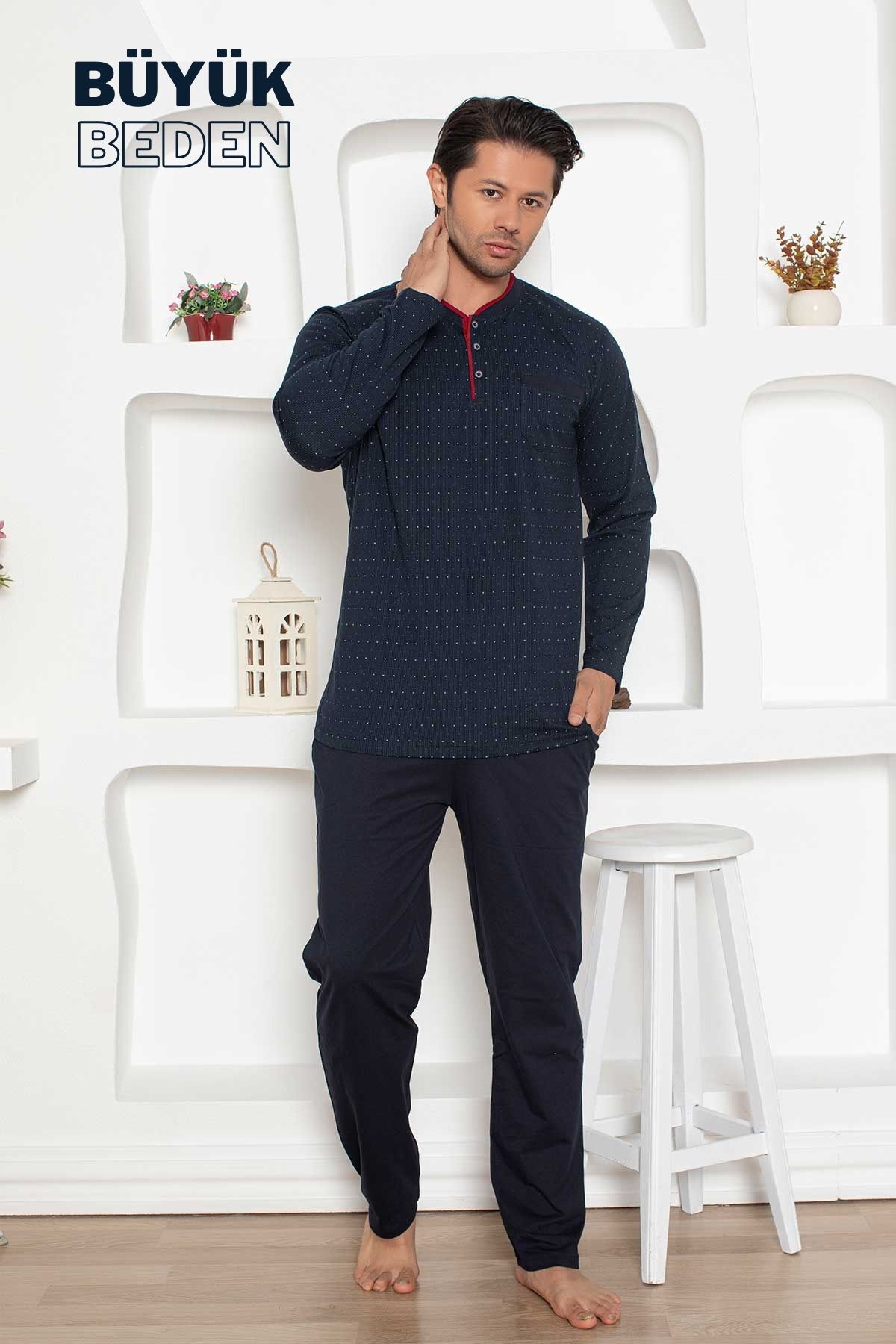 Büyük Beden Erkek Pijama Takımı - Lacivert Mini Puan Desen Penye 1204UYB