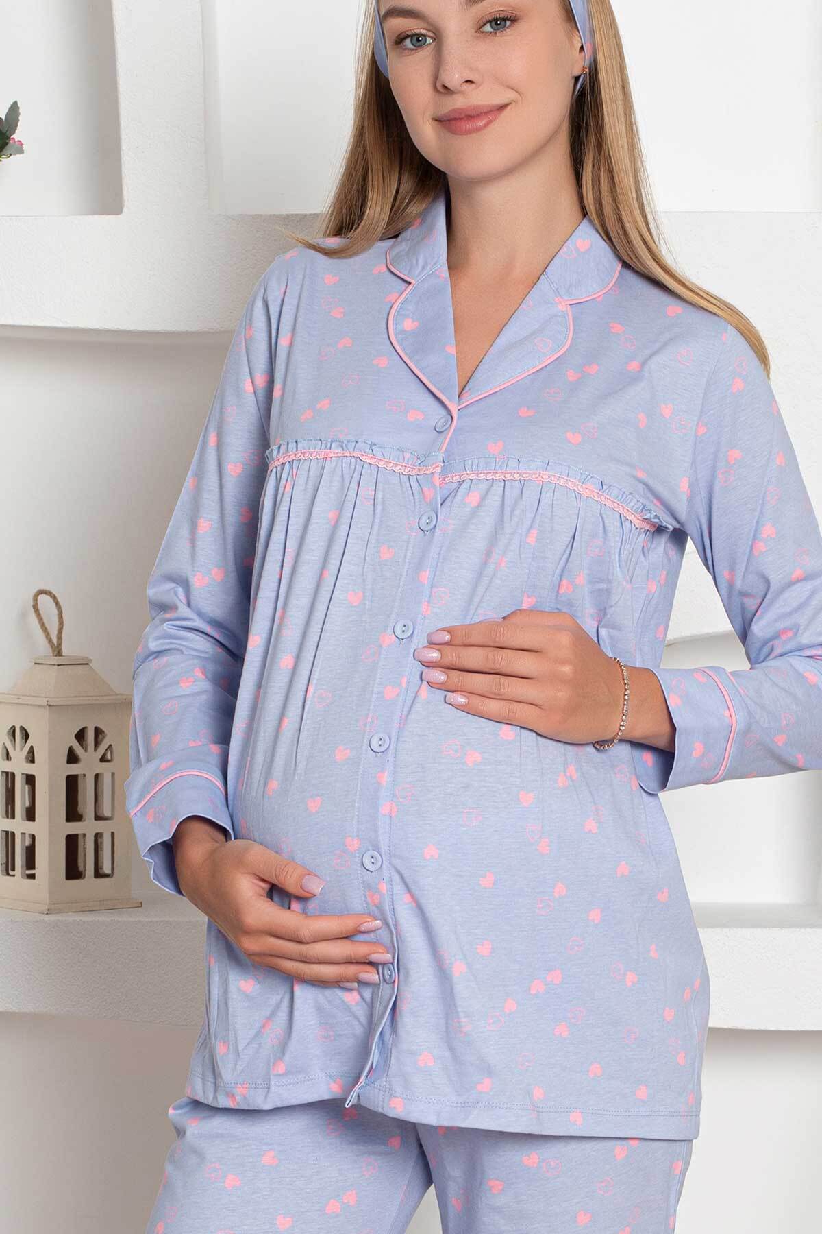 Hamile Lohusa Pijama Takımı - Mavi Kalpli Saç Bantlı Uzun Kollu Penye 2796