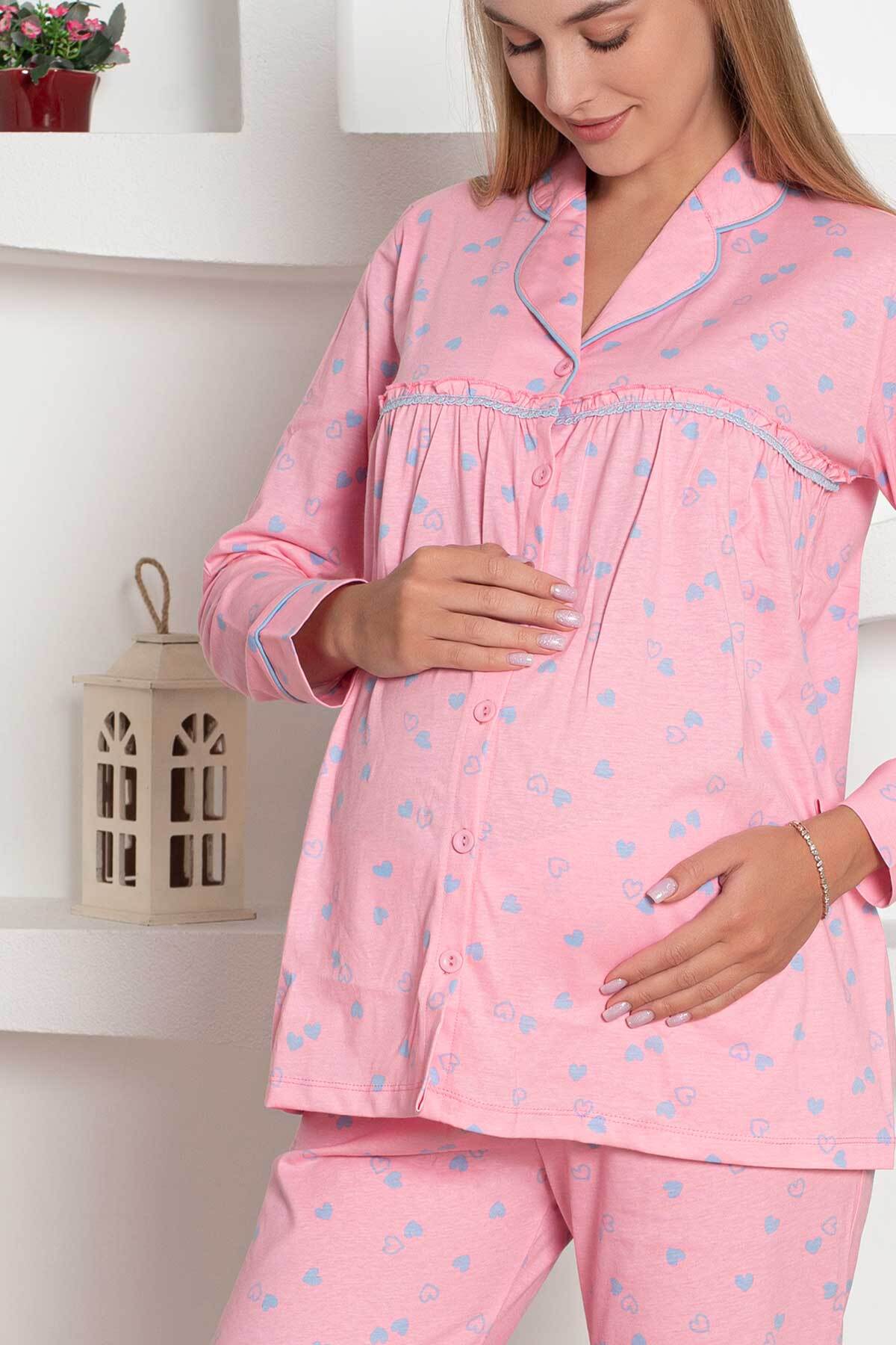 Hamile Lohusa Pijama Takımı - Pembe Kalpli Saç Bantlı Uzun Kollu Penye 2796