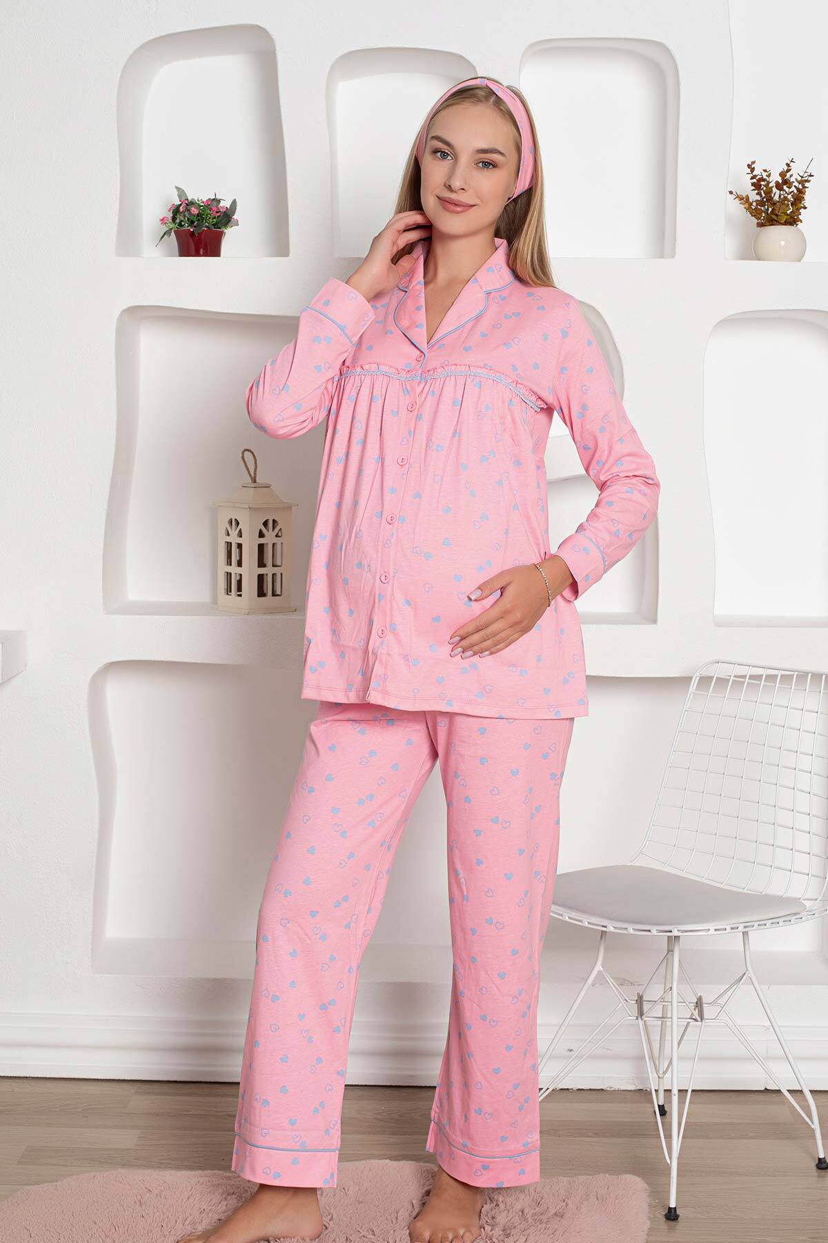 Hamile Lohusa Pijama Takımı - Pembe Kalpli Saç Bantlı Uzun Kollu Penye 2796