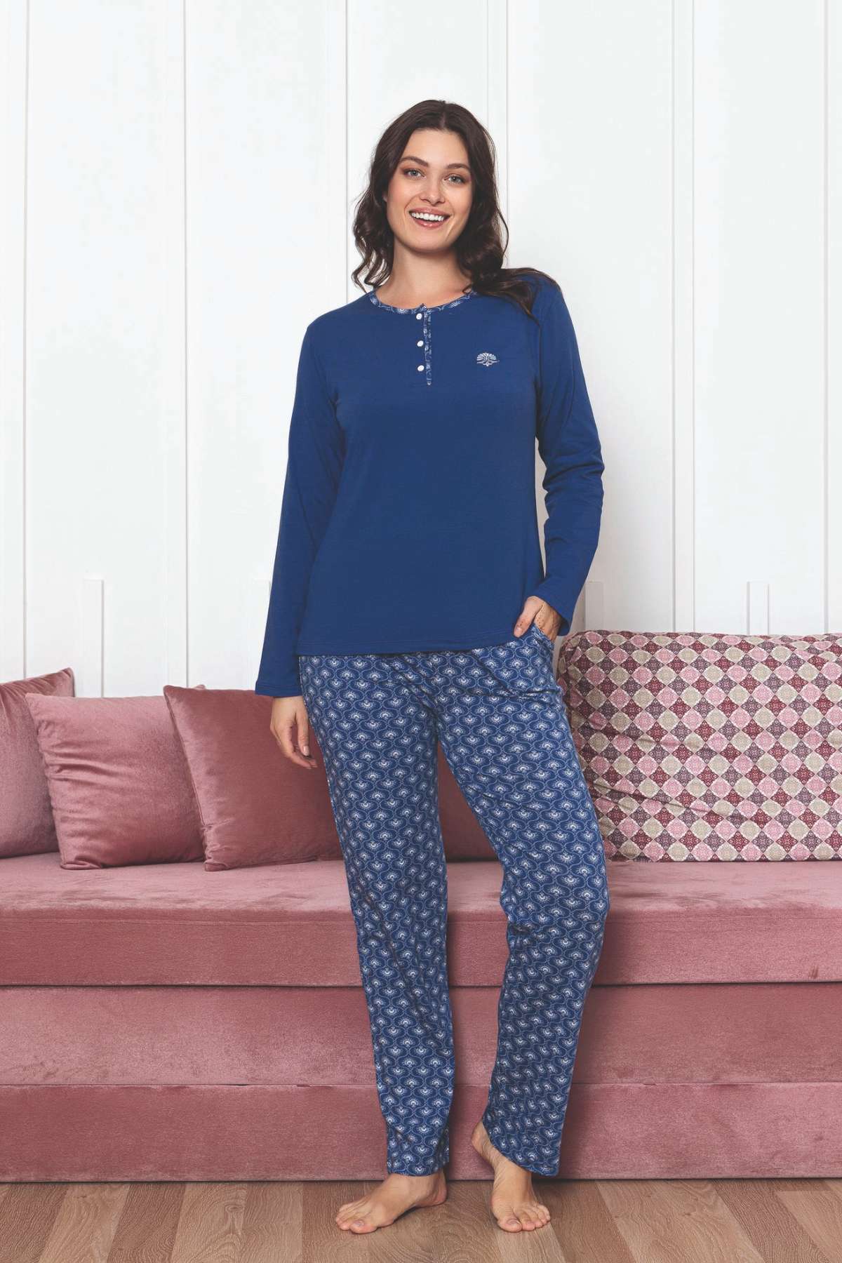 Kadın Pijama Takımı - İndigo Uzun Kollu Likralı Pamuk 2890UKL
