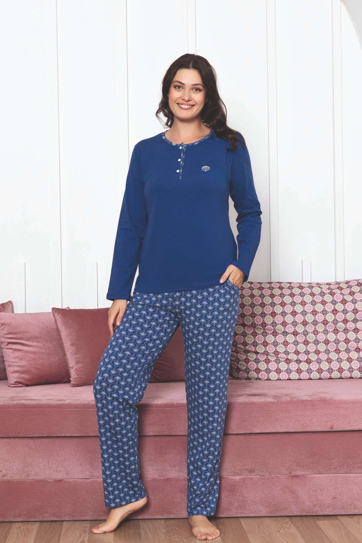 Kadın Pijama Takımı - İndigo Uzun Kollu Likralı Pamuk 2890UKL