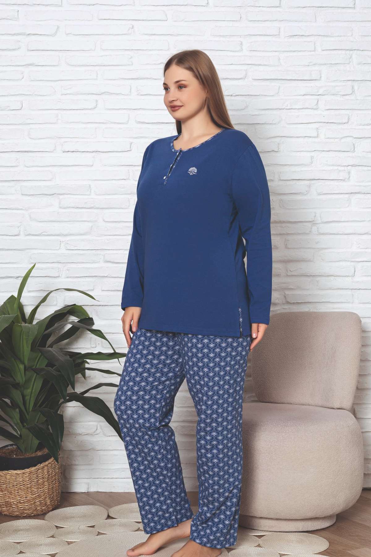 Büyük Beden Kadın Pijama Takımı - İndigo Likralı Pamuk 2890UKBL