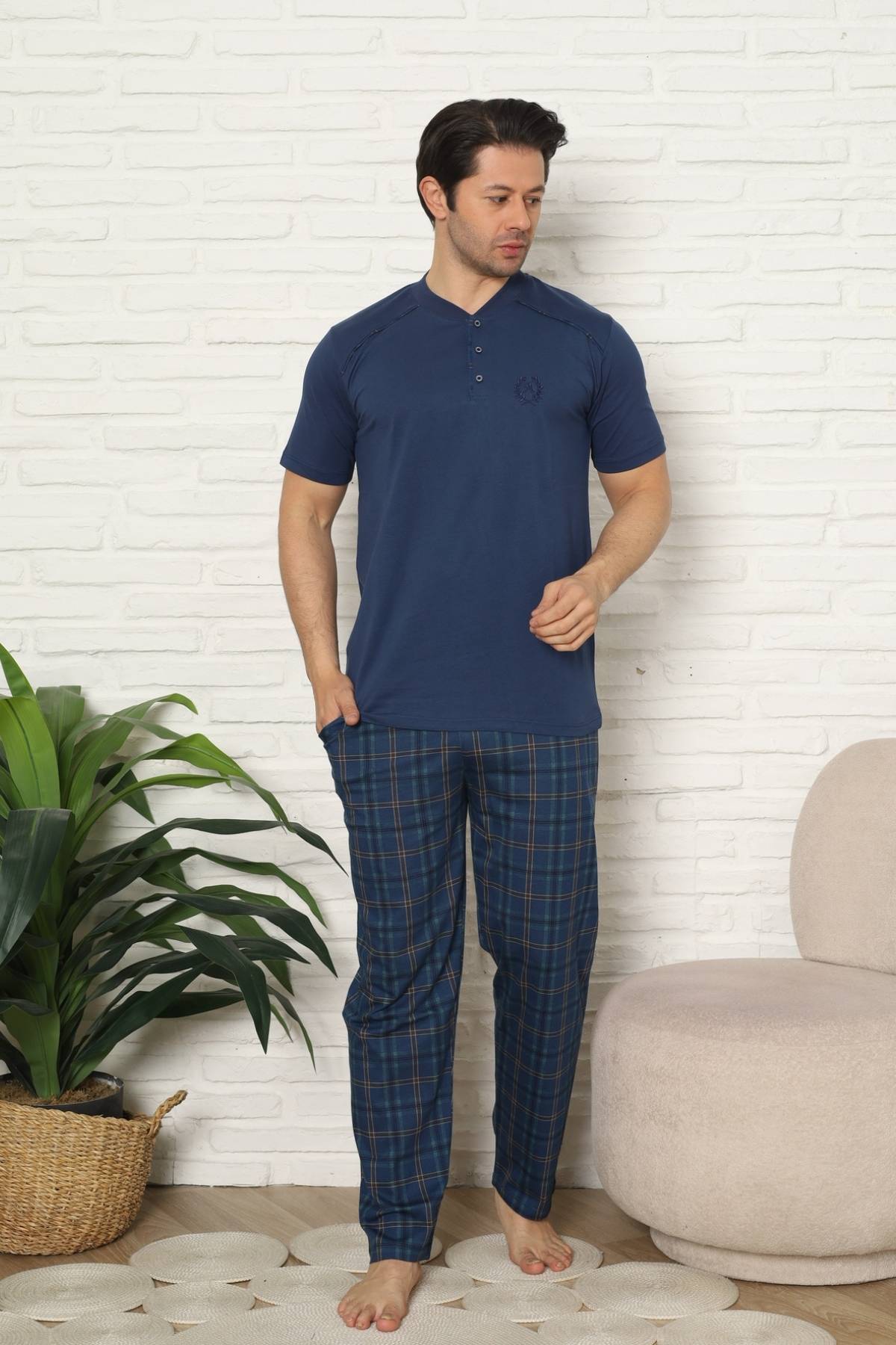 Erkek Pijama Takımı - İndigo Kareli Kısa Kollu Penye 1227KY