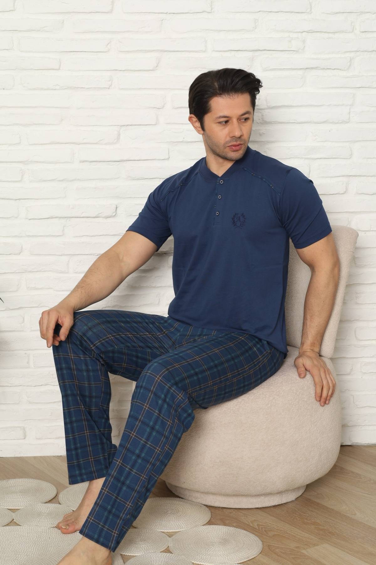 Erkek Pijama Takımı - İndigo Kareli Kısa Kollu Penye 1227KY