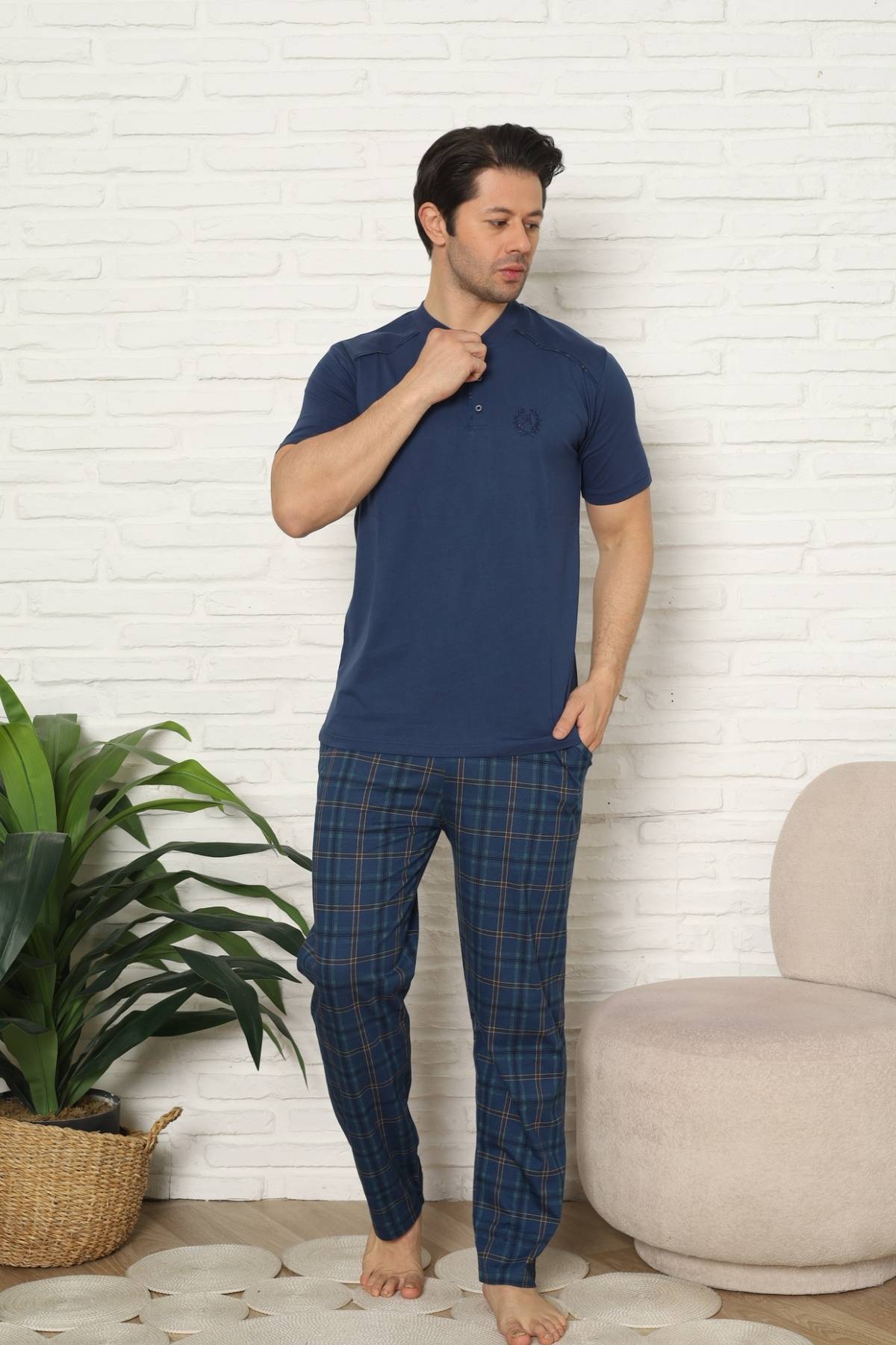 Erkek Pijama Takımı - İndigo Kareli Kısa Kollu Penye 1227KY