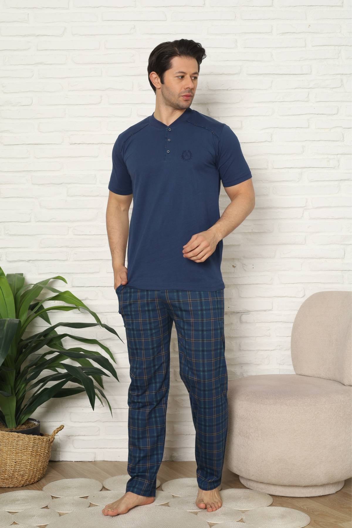 Erkek Pijama Takımı - İndigo Kareli Kısa Kollu Penye 1227KY