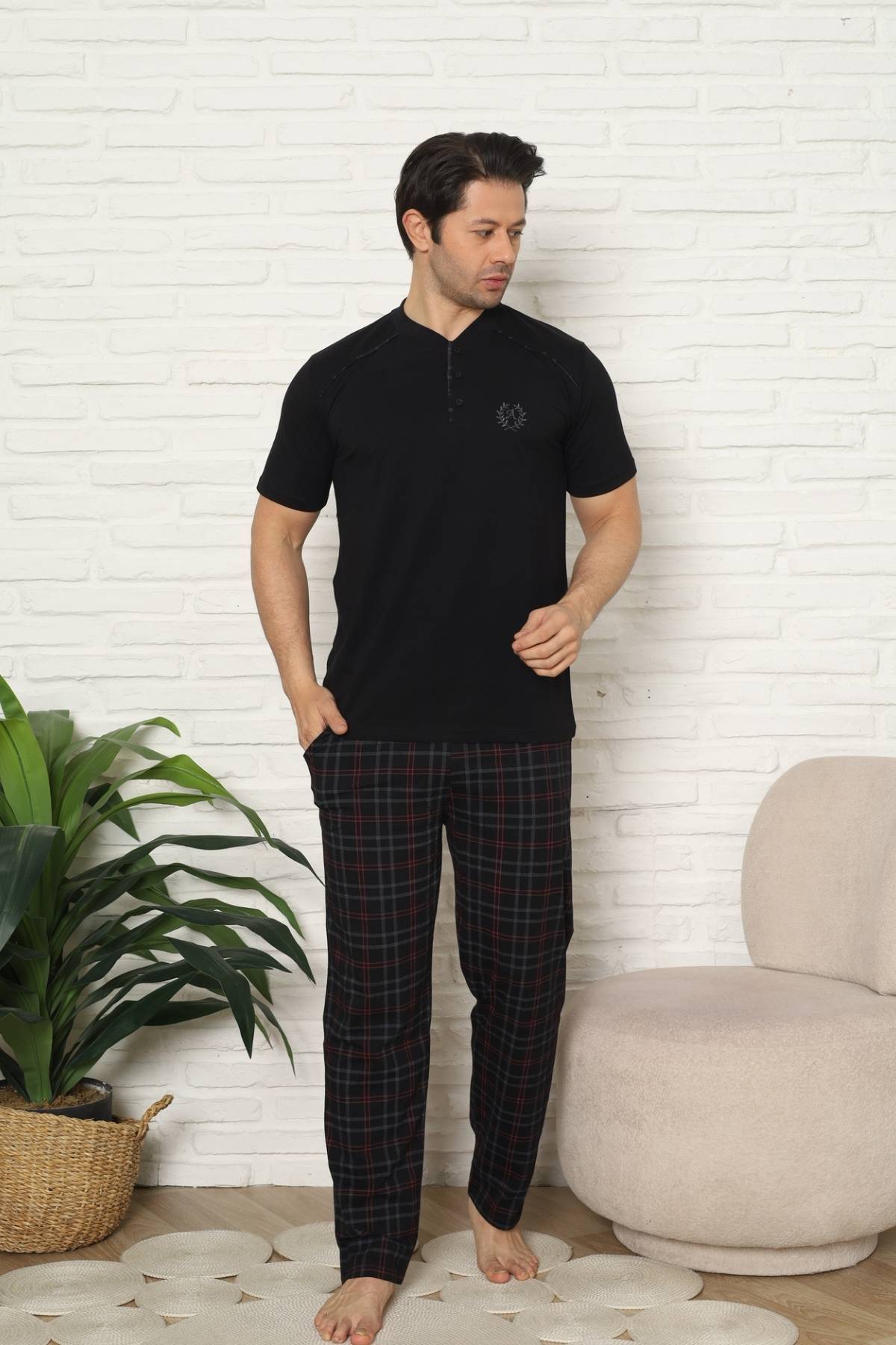 Erkek Pijama Takımı - Siyah Kareli Kısa Kollu Penye 1227KY