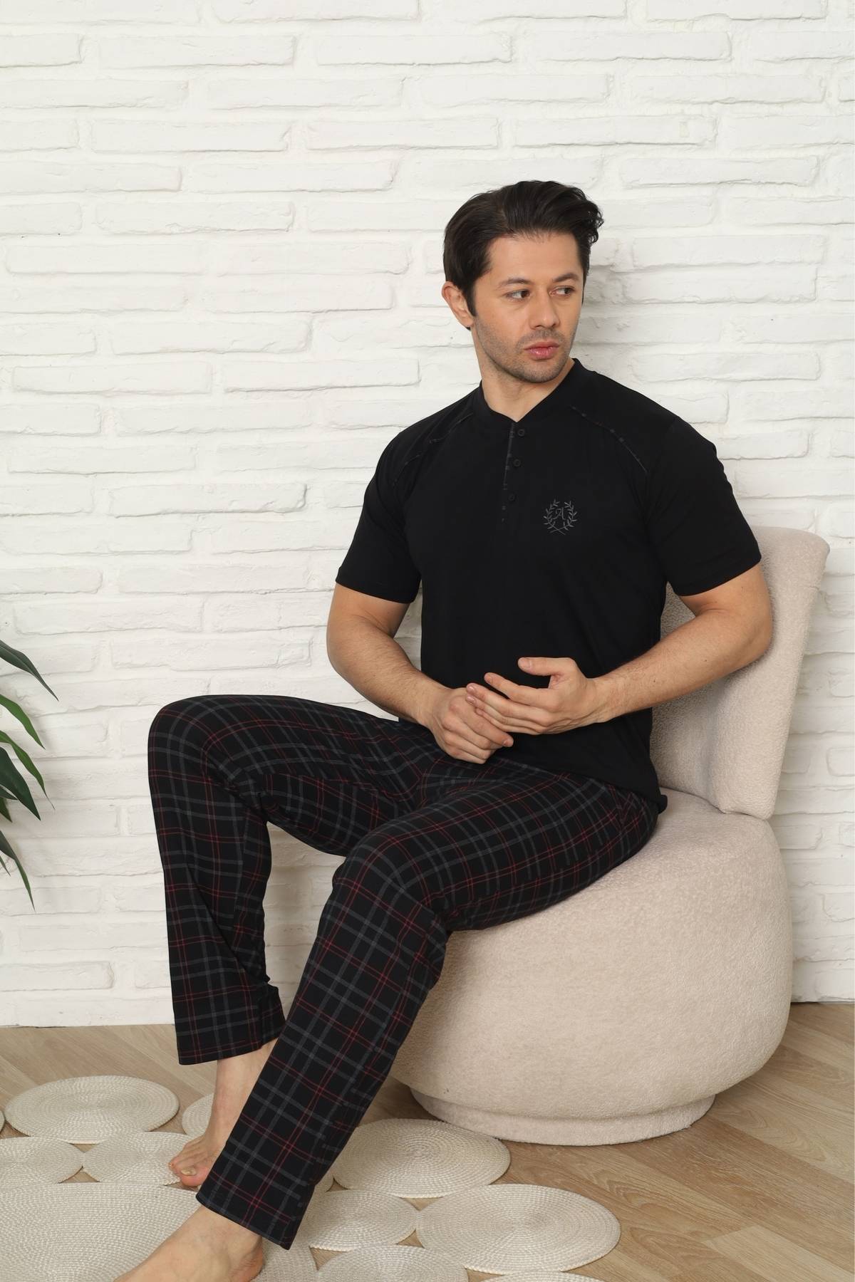 Erkek Pijama Takımı - Siyah Kareli Kısa Kollu Penye 1227KY