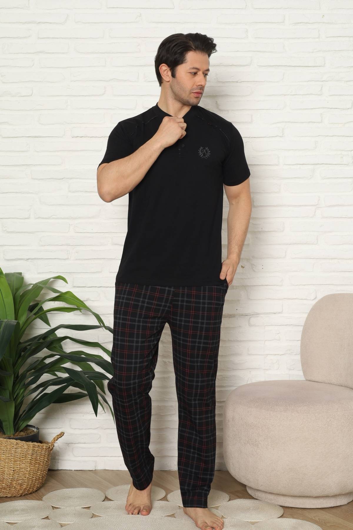 Erkek Pijama Takımı - Siyah Kareli Kısa Kollu Penye 1227KY