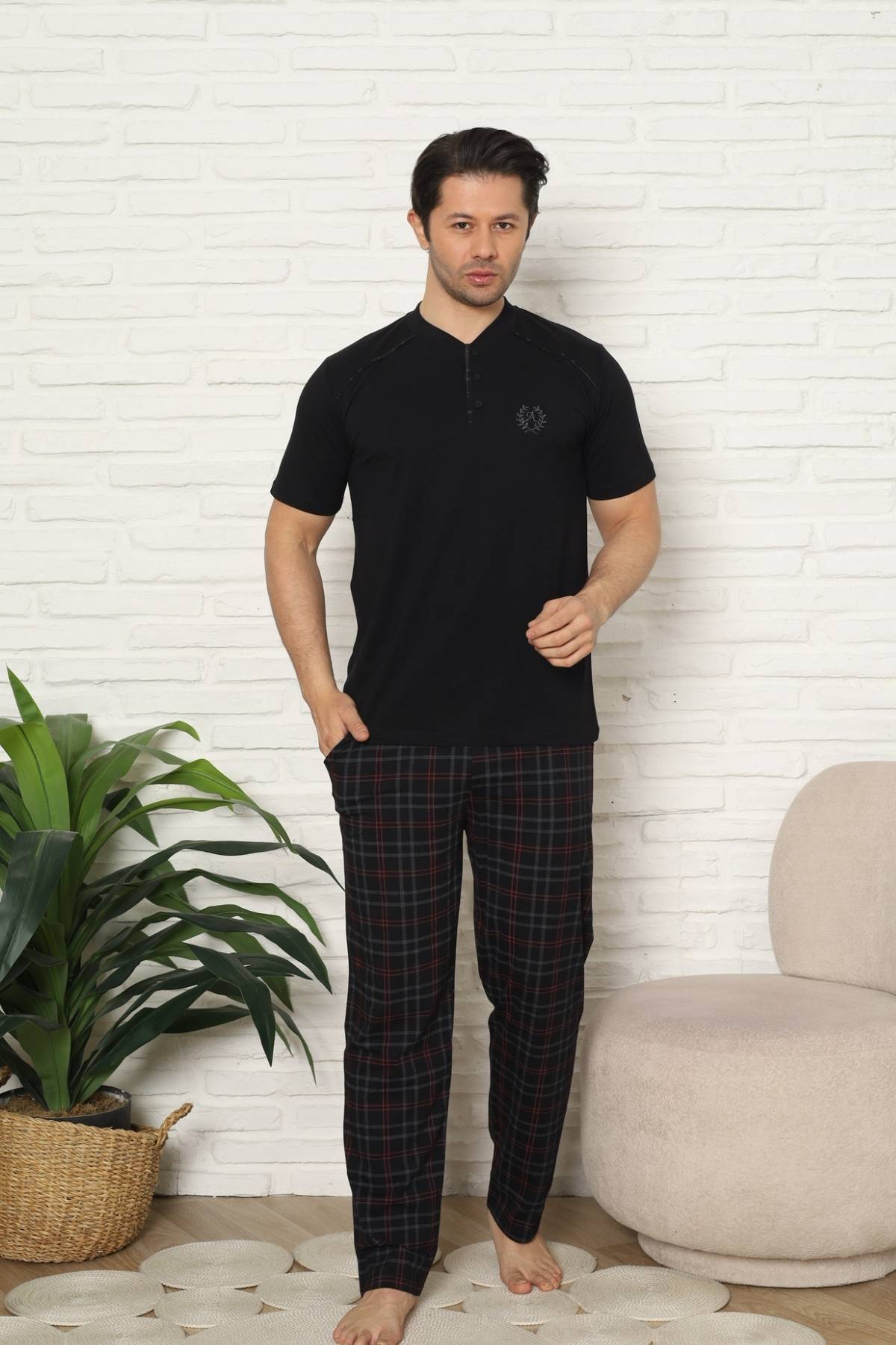 Erkek Pijama Takımı - Siyah Kareli Kısa Kollu Penye 1227KY